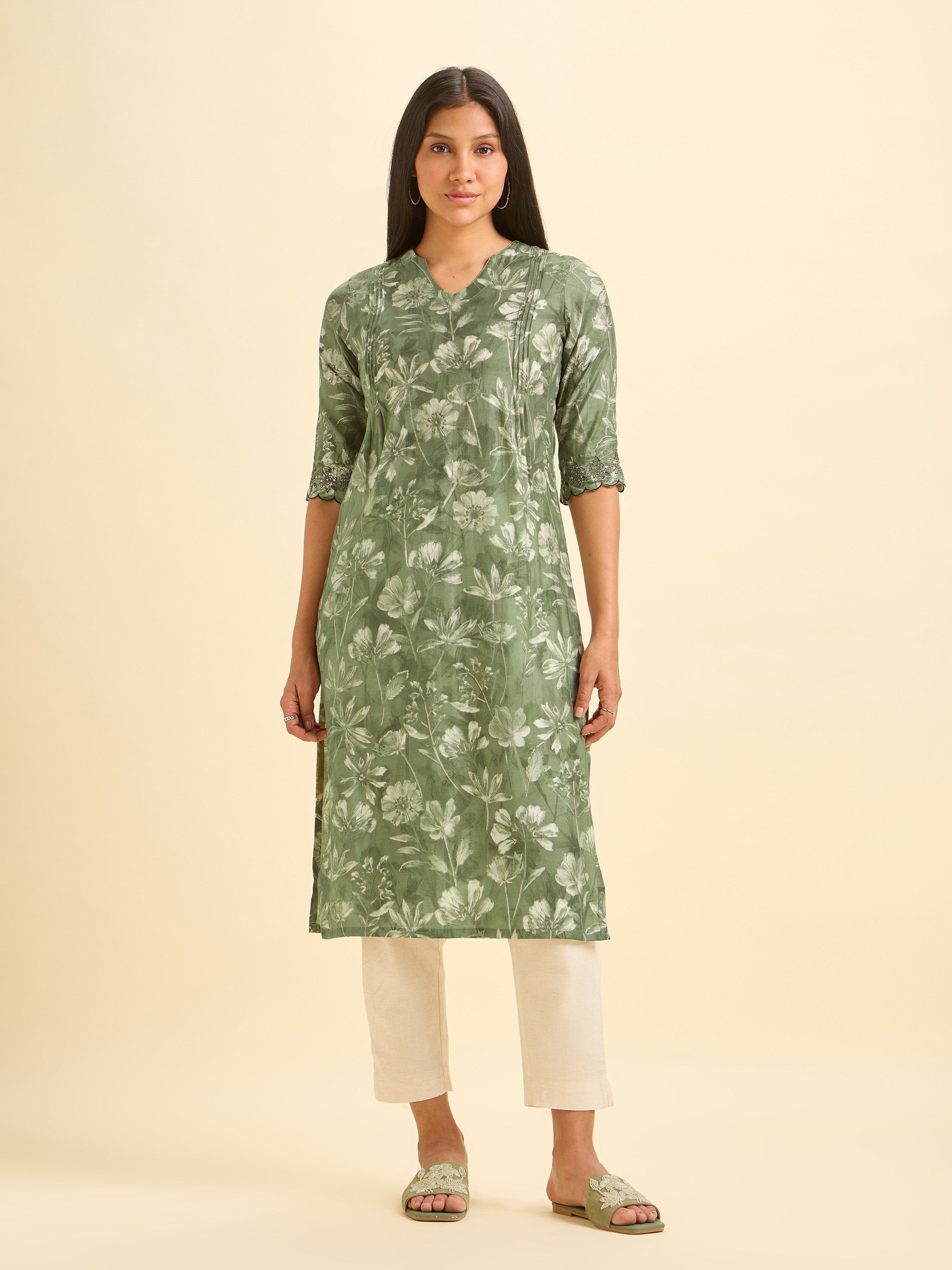 Olive Green And Ivory Modal Chanderi Printed Slited Kurti With Pintucks And Embroidery And Sequins Work