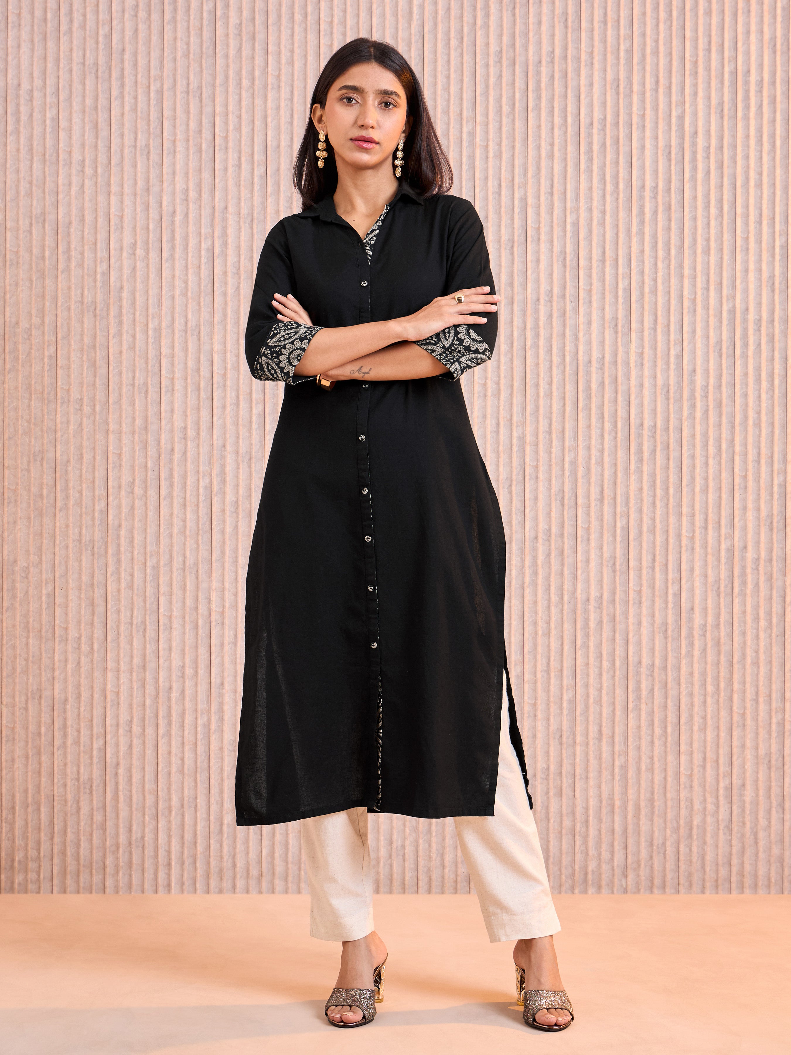 Black Cotton Flax Printed Kurti With Embroidery