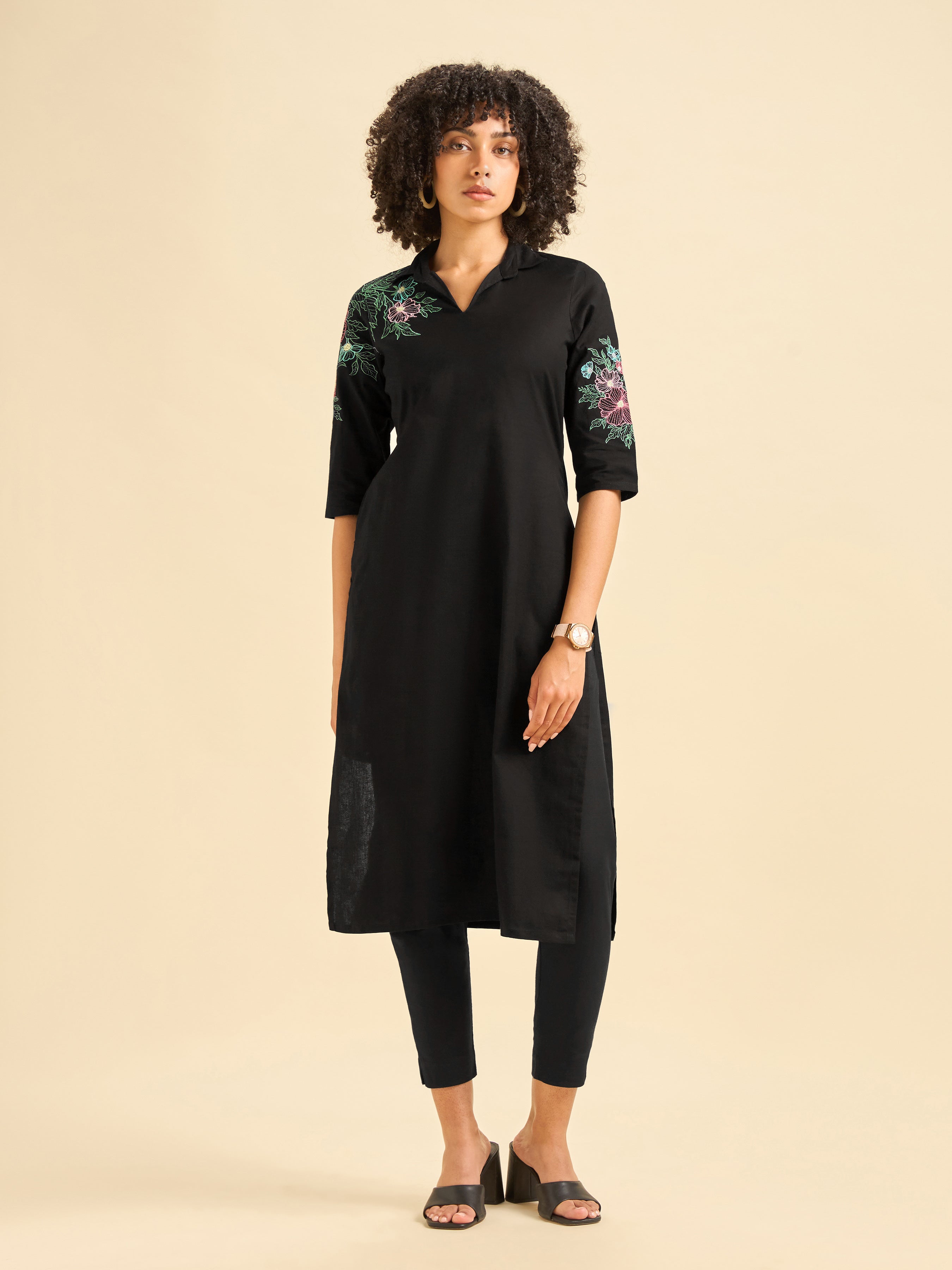 Black Cotton Flax Plain Slited Kurti With Embroidery