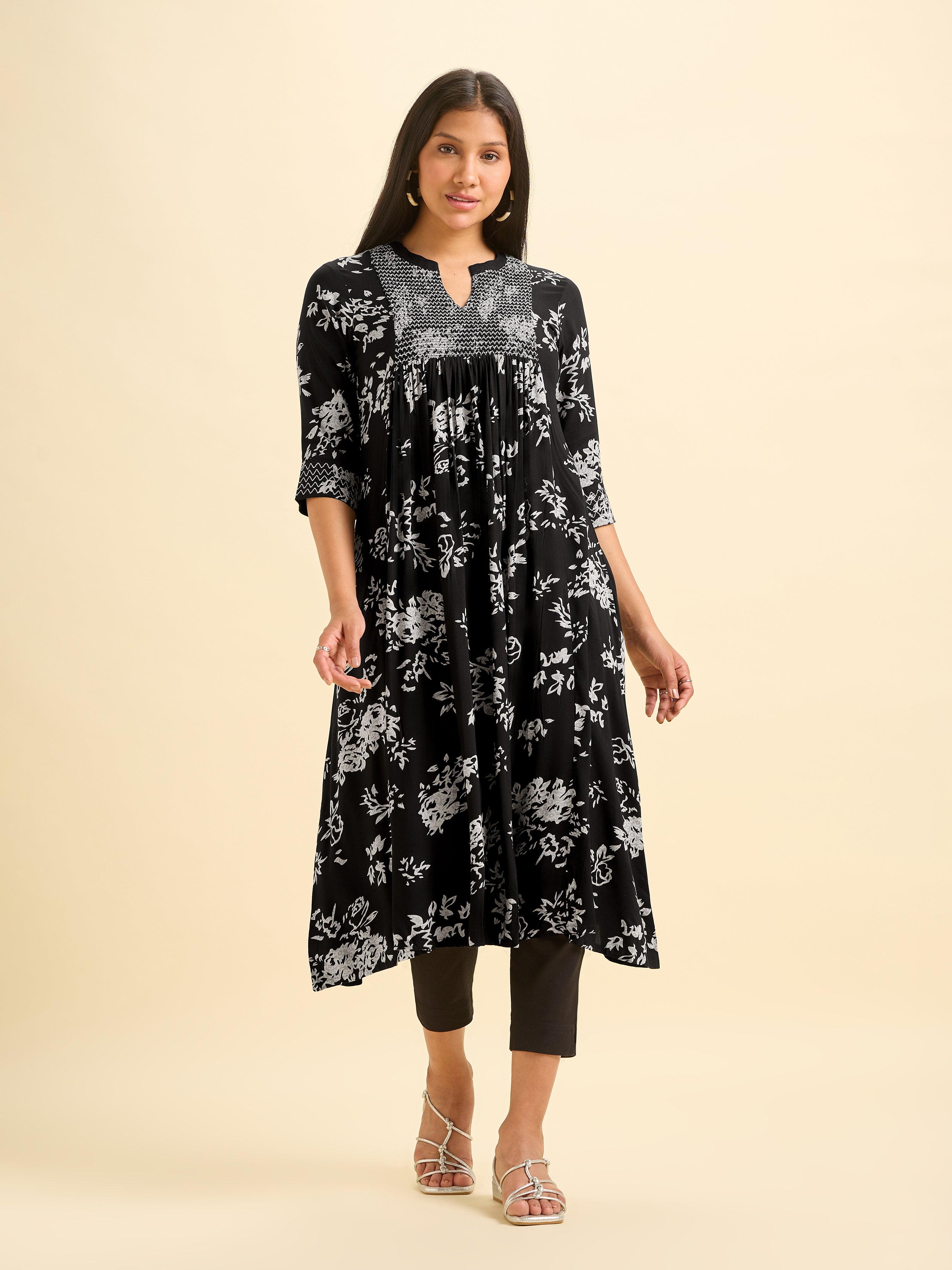 Black And Ivory Viscose Printed Flared Kurti With Smocking Embroidery