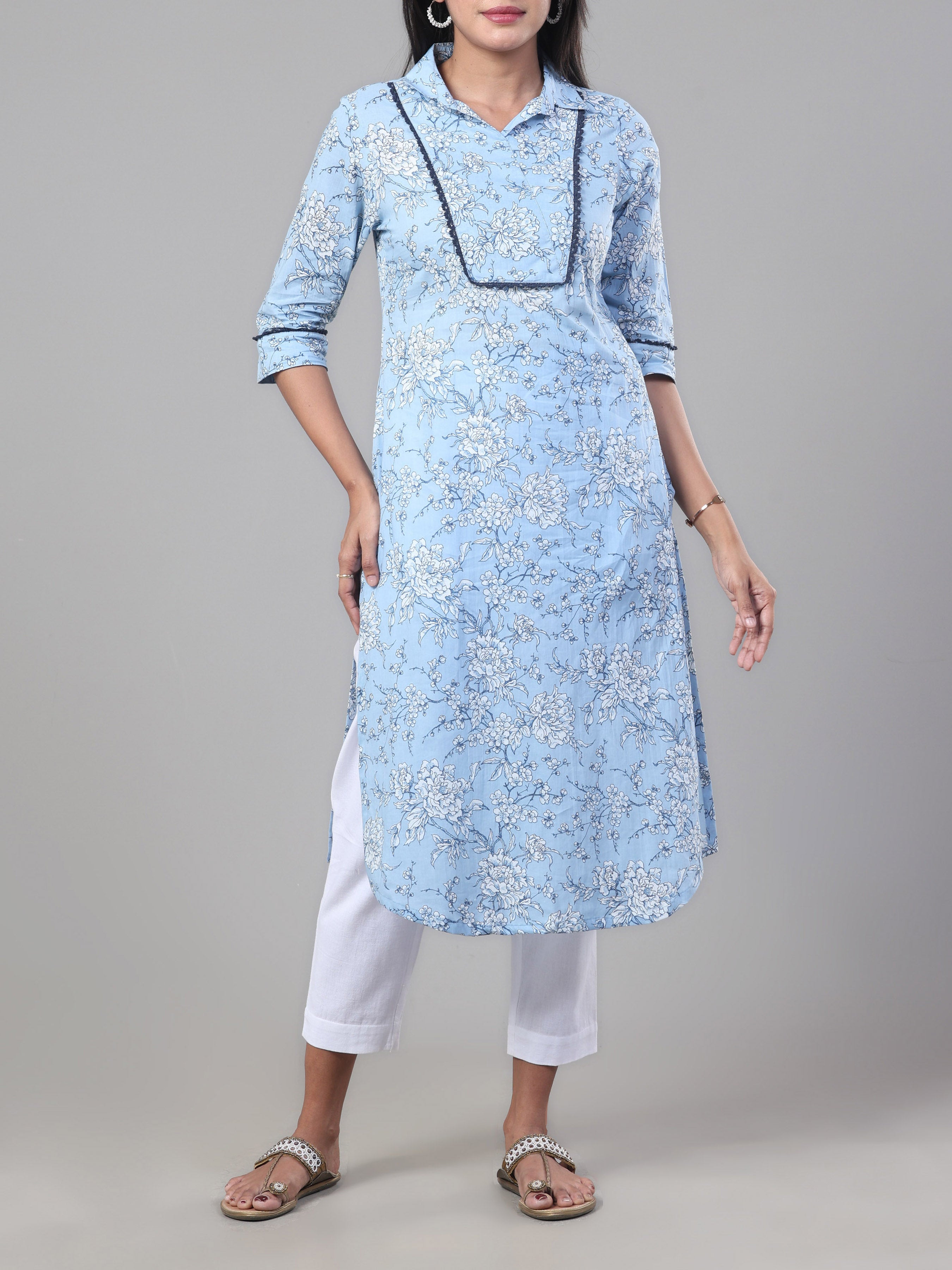 Sky Blue Pure Cotton Printed Kurti With Lace Detailing