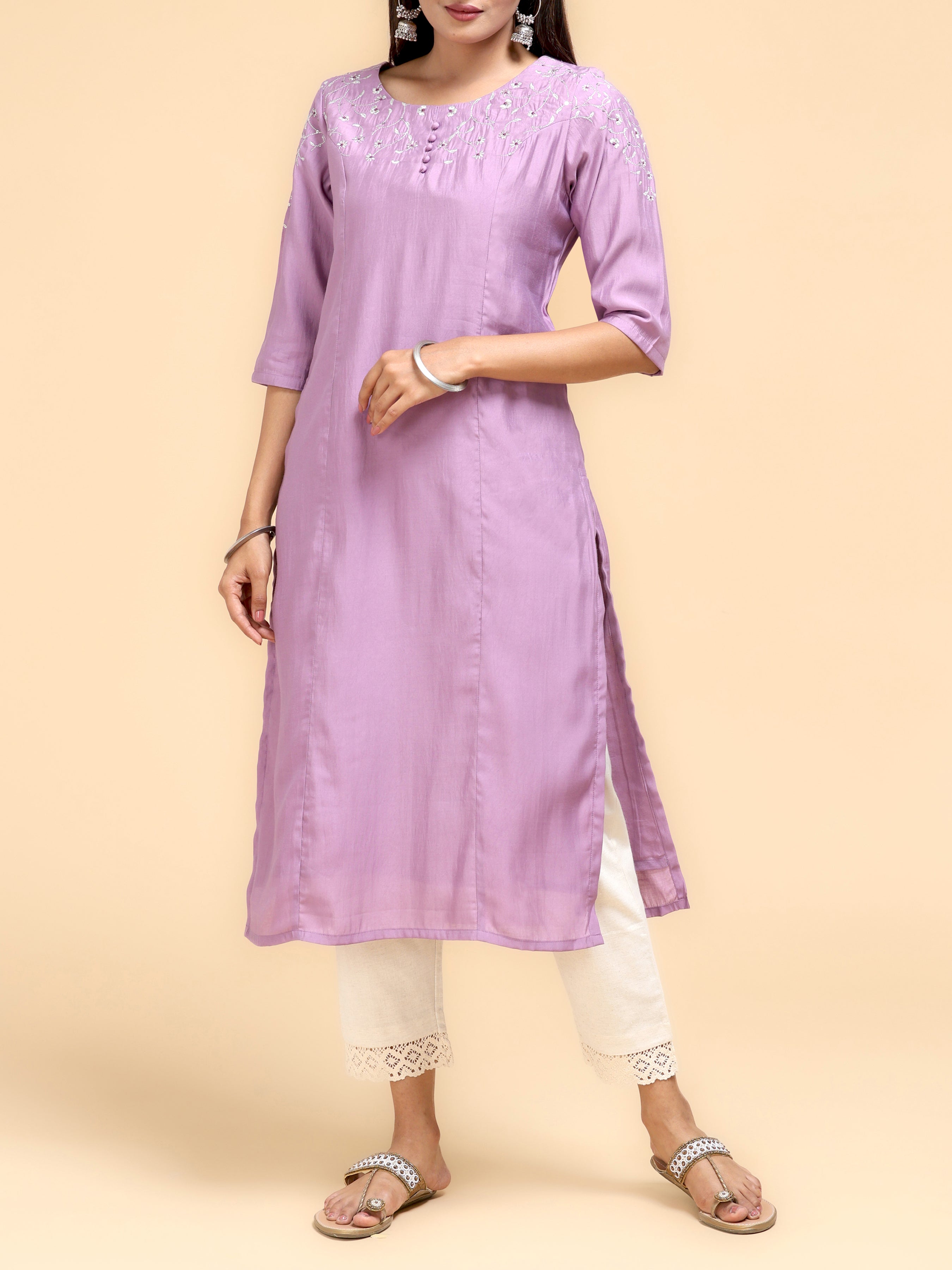 Light Purple Modal Chanderi Kurti With Embroidery And Hand Work
