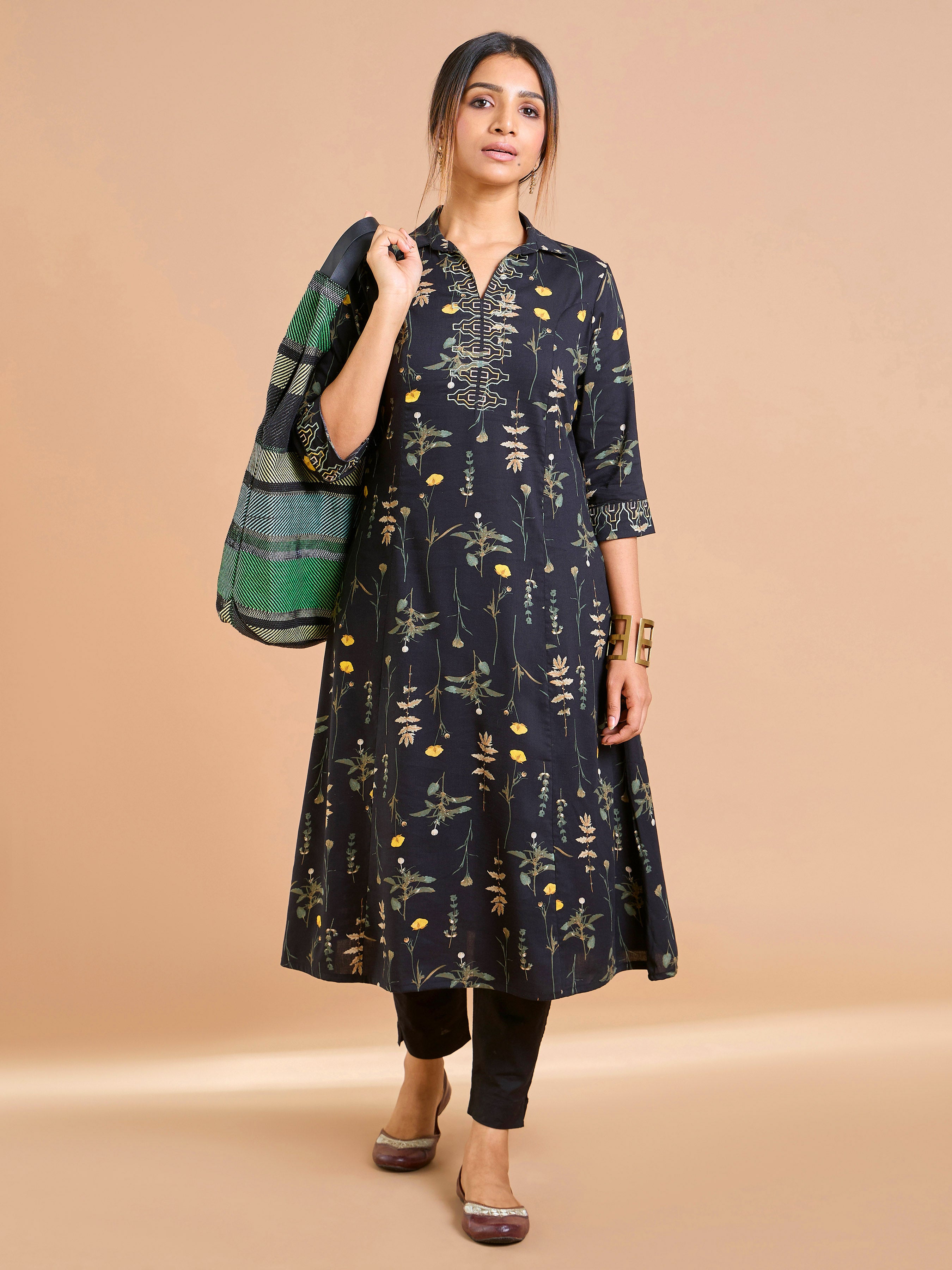 Black PureCotton Printed Kurti With Embroidery