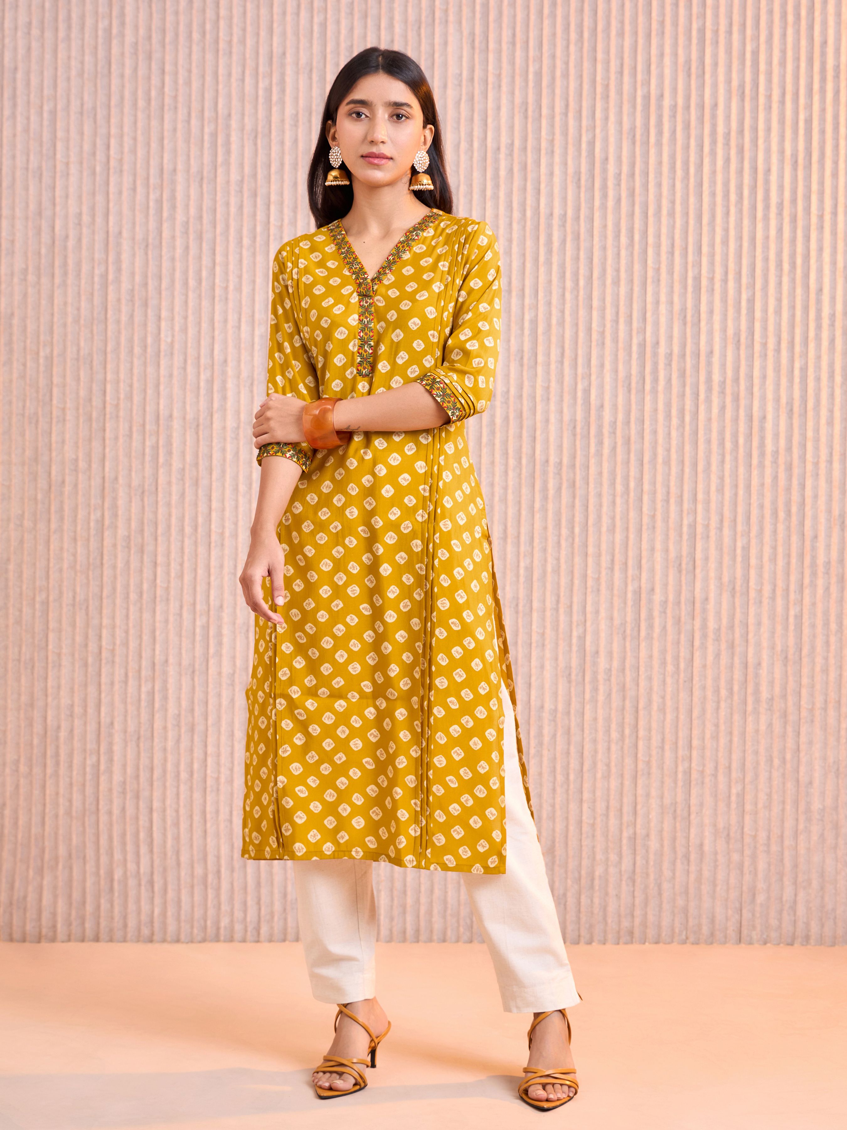 Mustard Modal Chanderi Printed Kurti With Pleats And Embroidery Work
