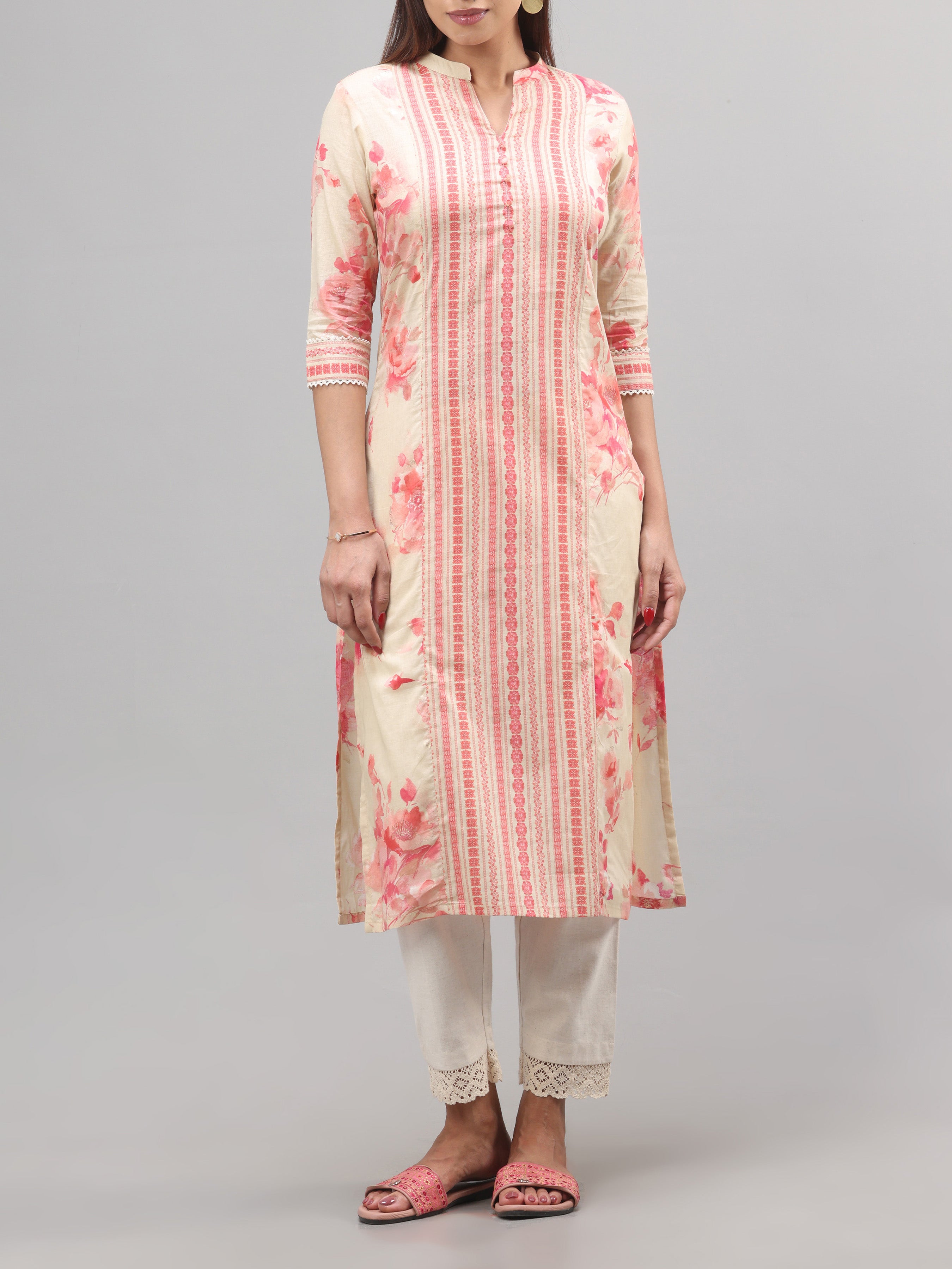 Beige And Pink Pure Cotton Printed Kurti