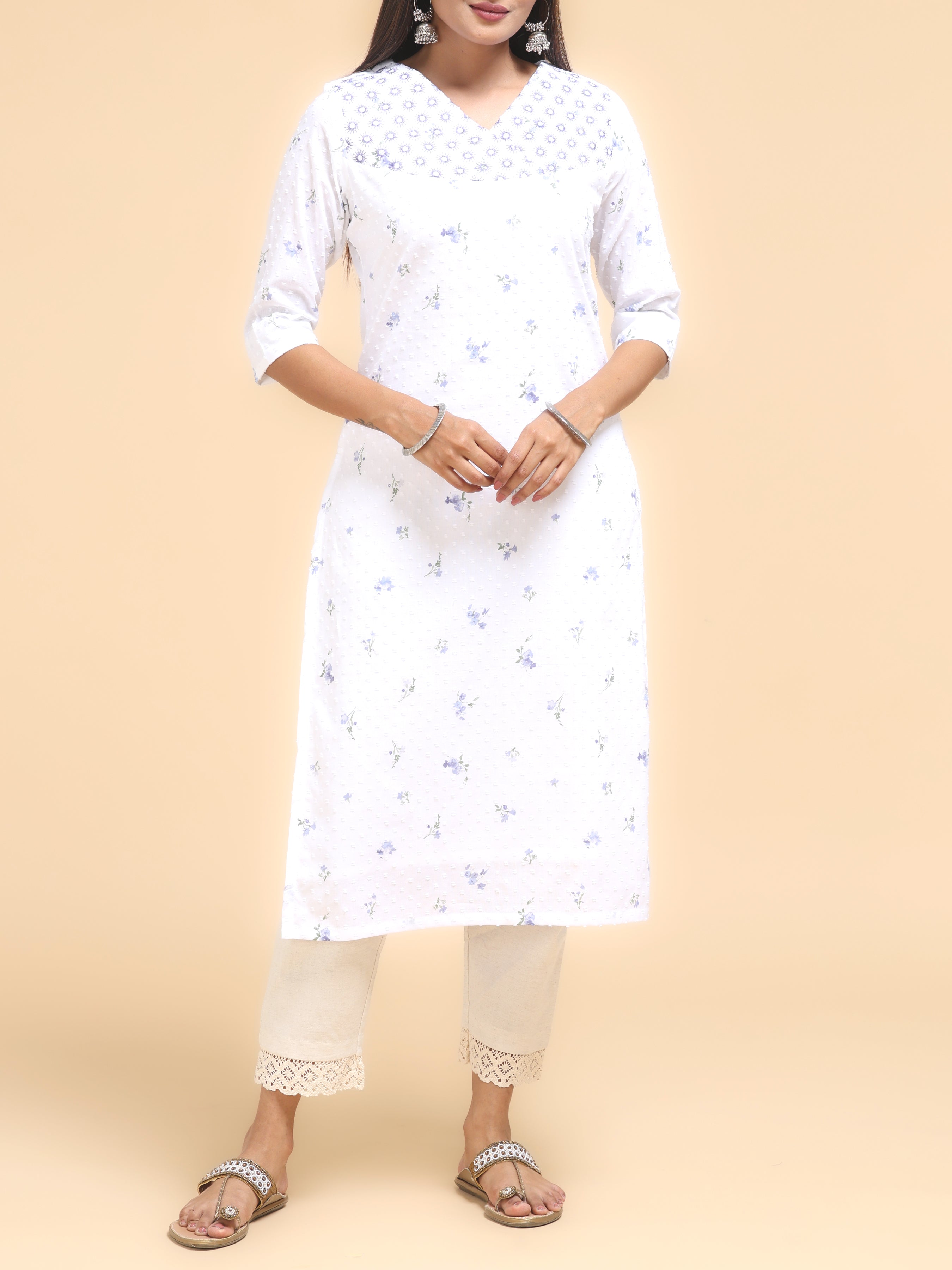 White Cotton Dobby Printed Kurti With Embroidery