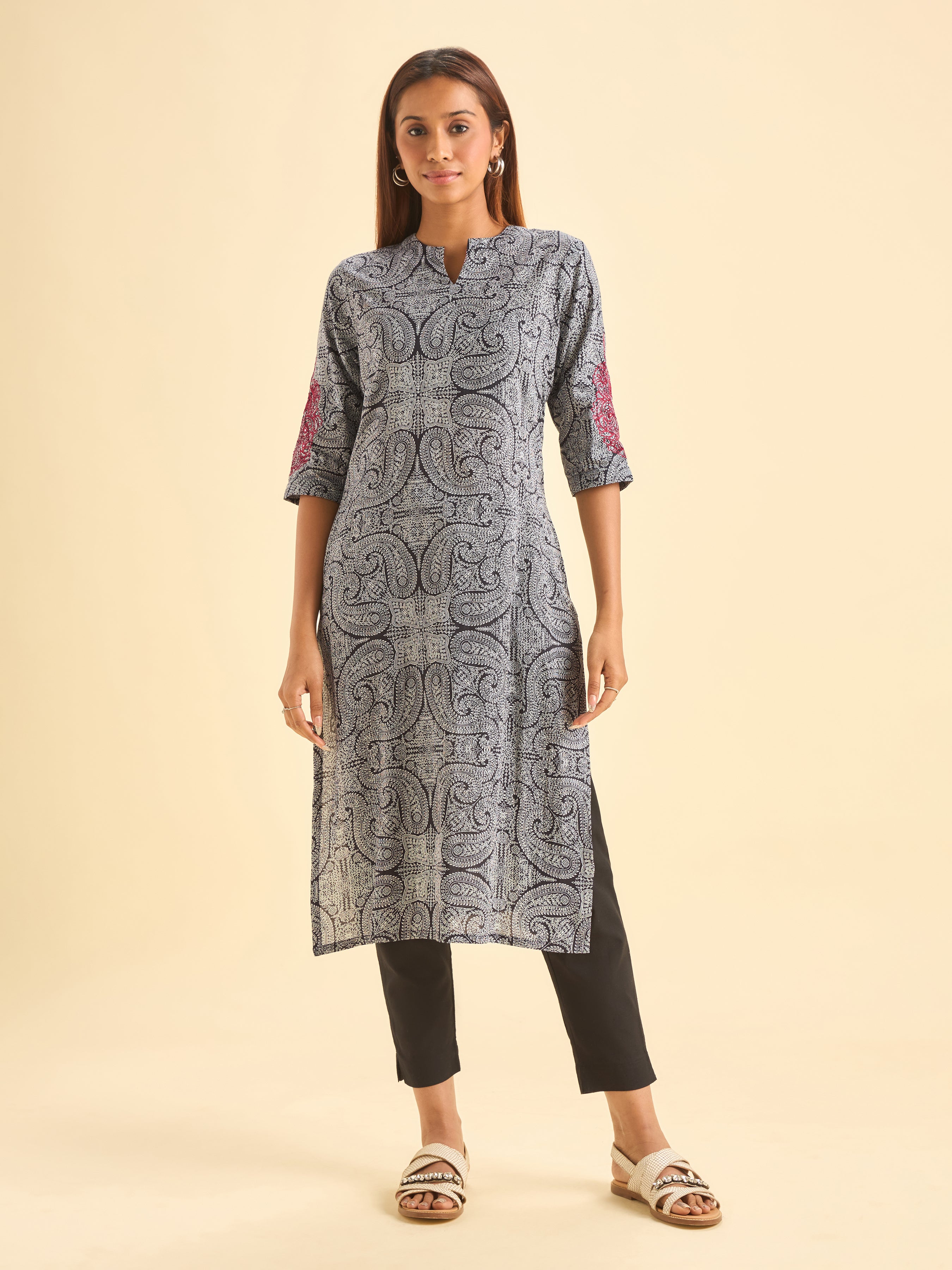 Black White Pure Cotton Printed Kurti With Embroidery