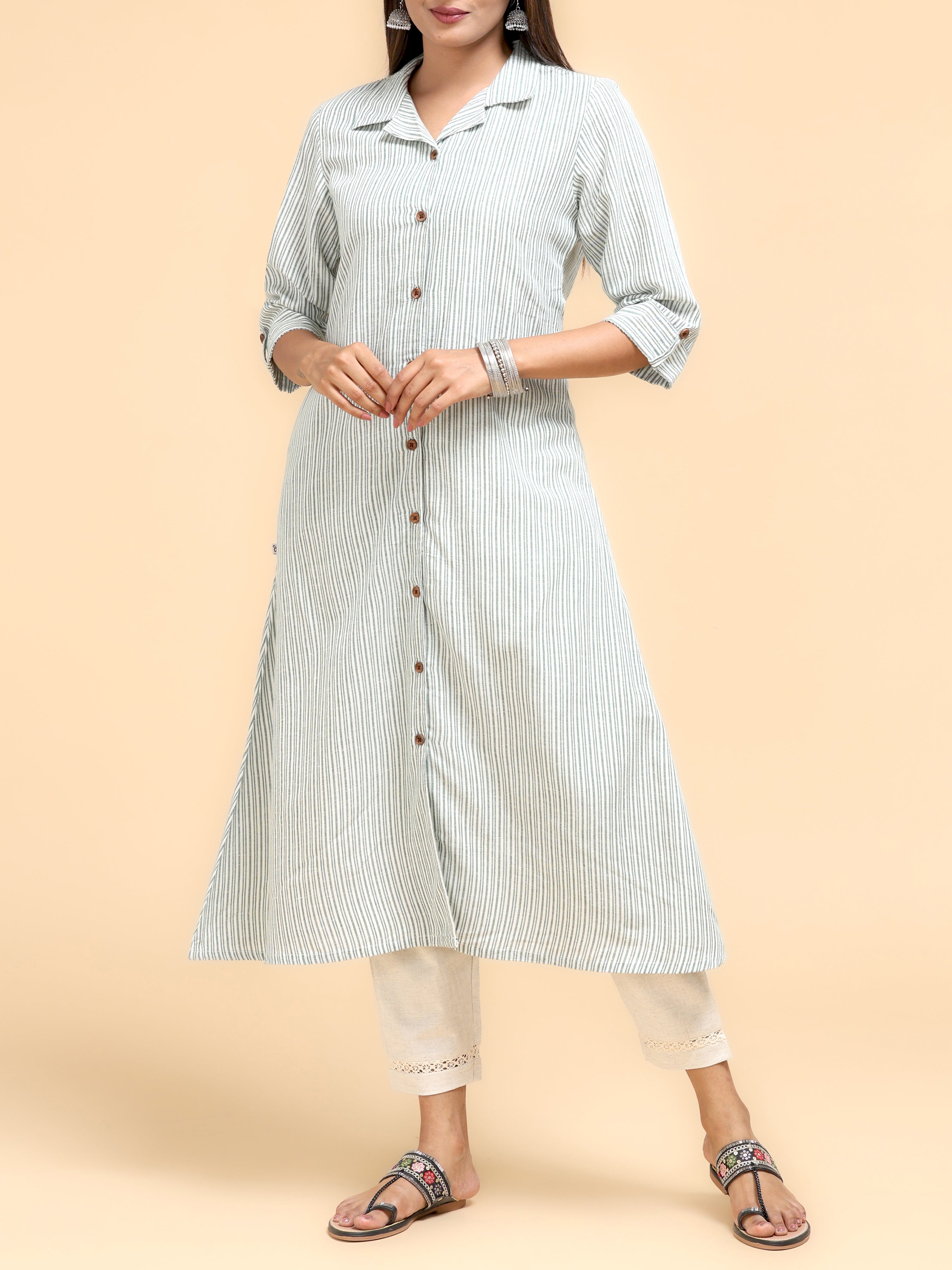 Multi-Colour Cotton Stripe Printed Kurti With Shirt Collar