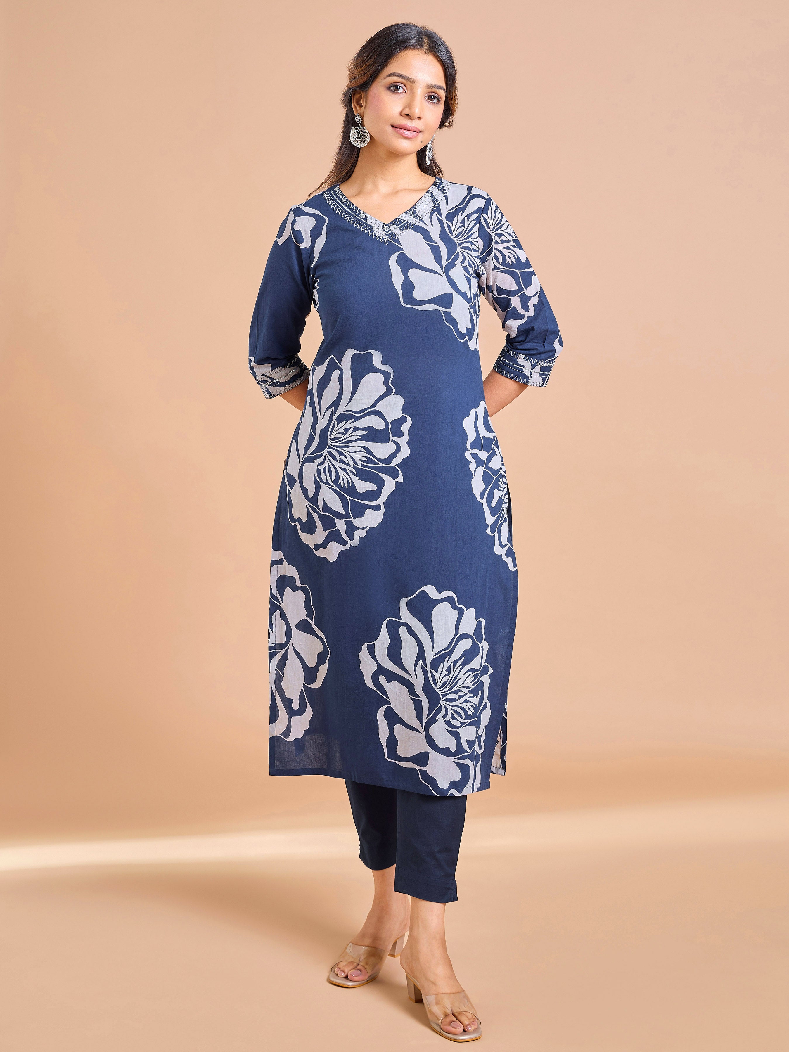 Navy Blue Pure Cotton Printed Kurti Embroidery