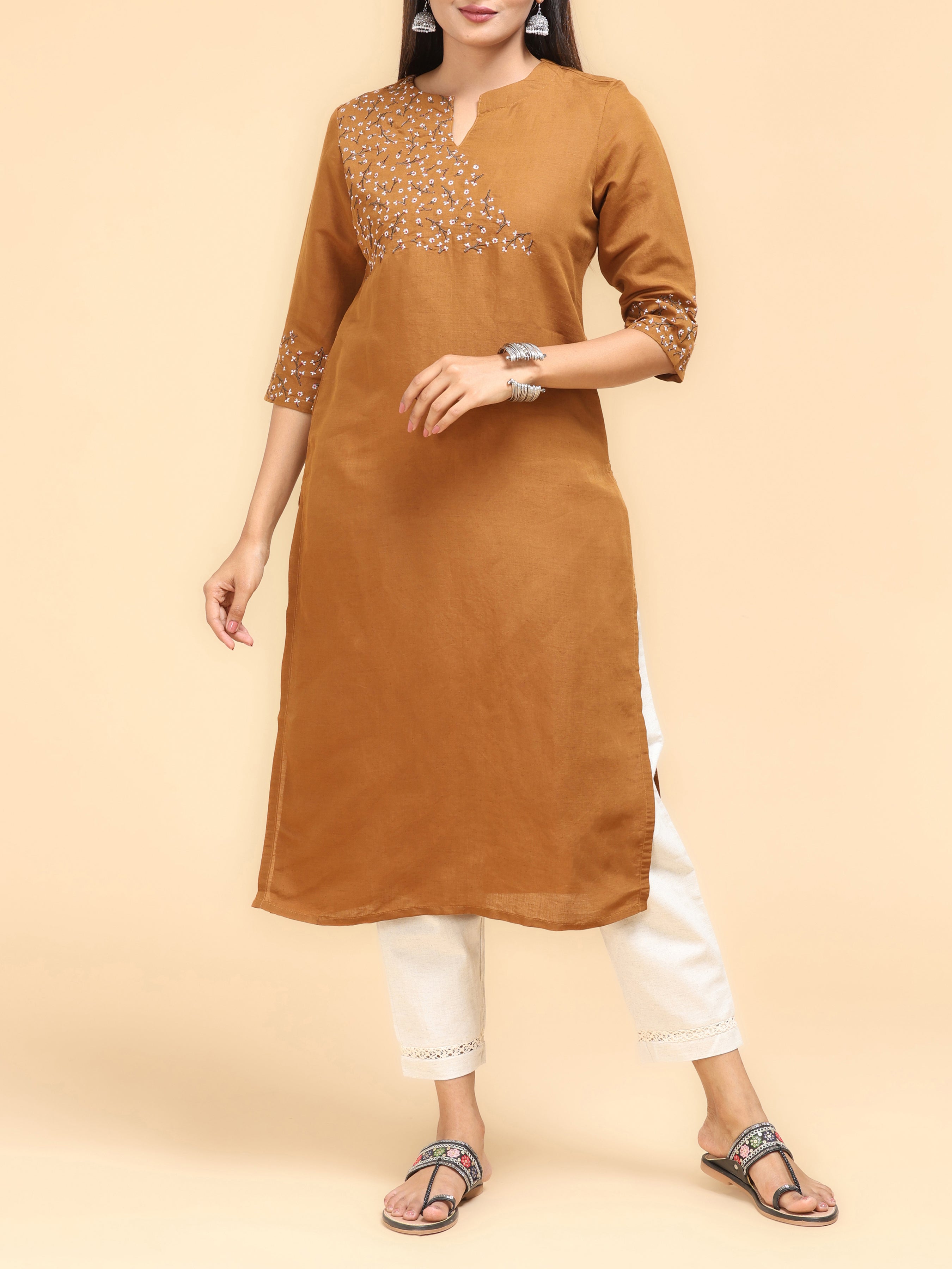 Orange Cotton Linen Kurti With Embroidery