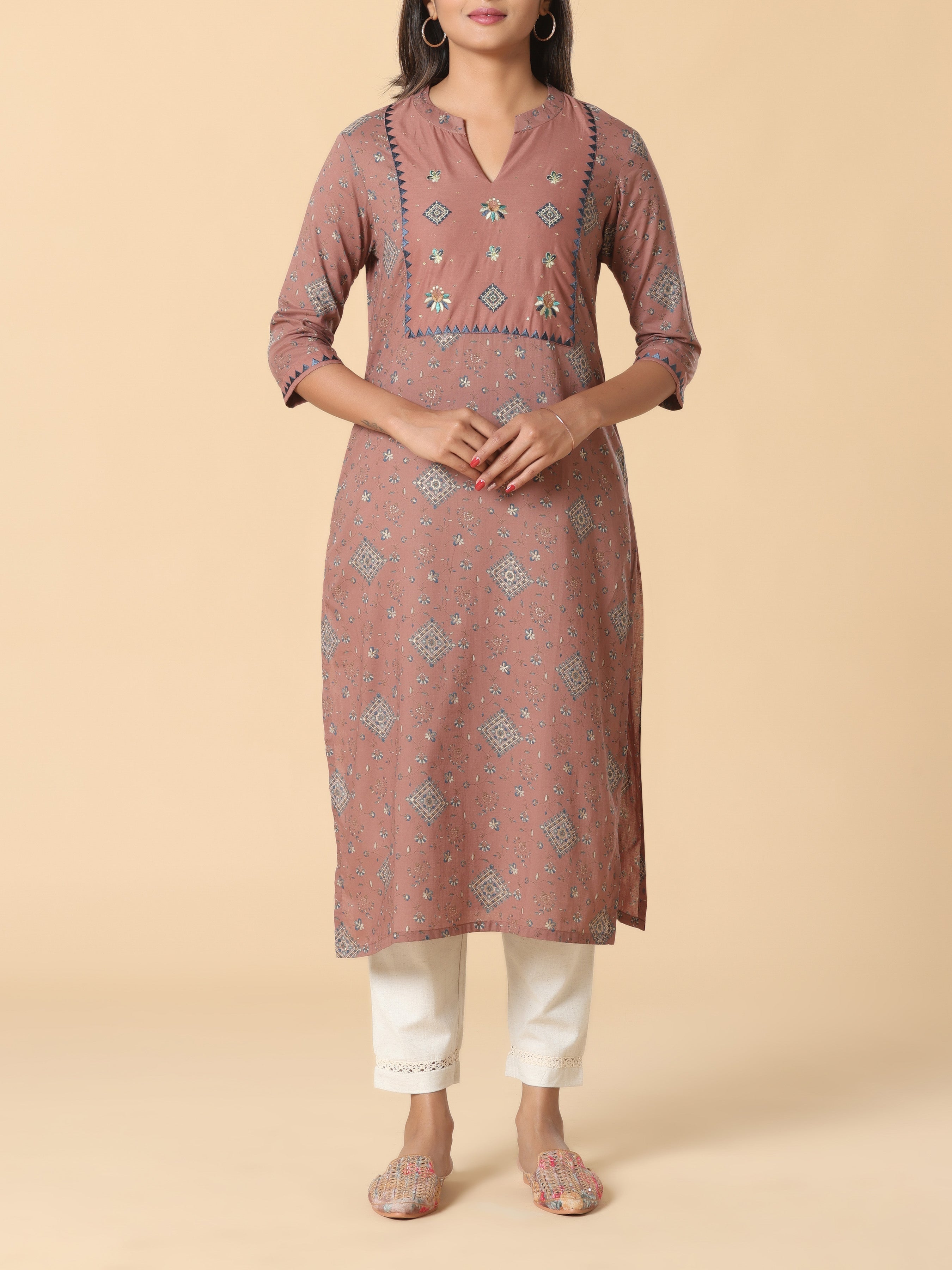 Light Brown Pure Cotton Printed Kurti With Embroidery