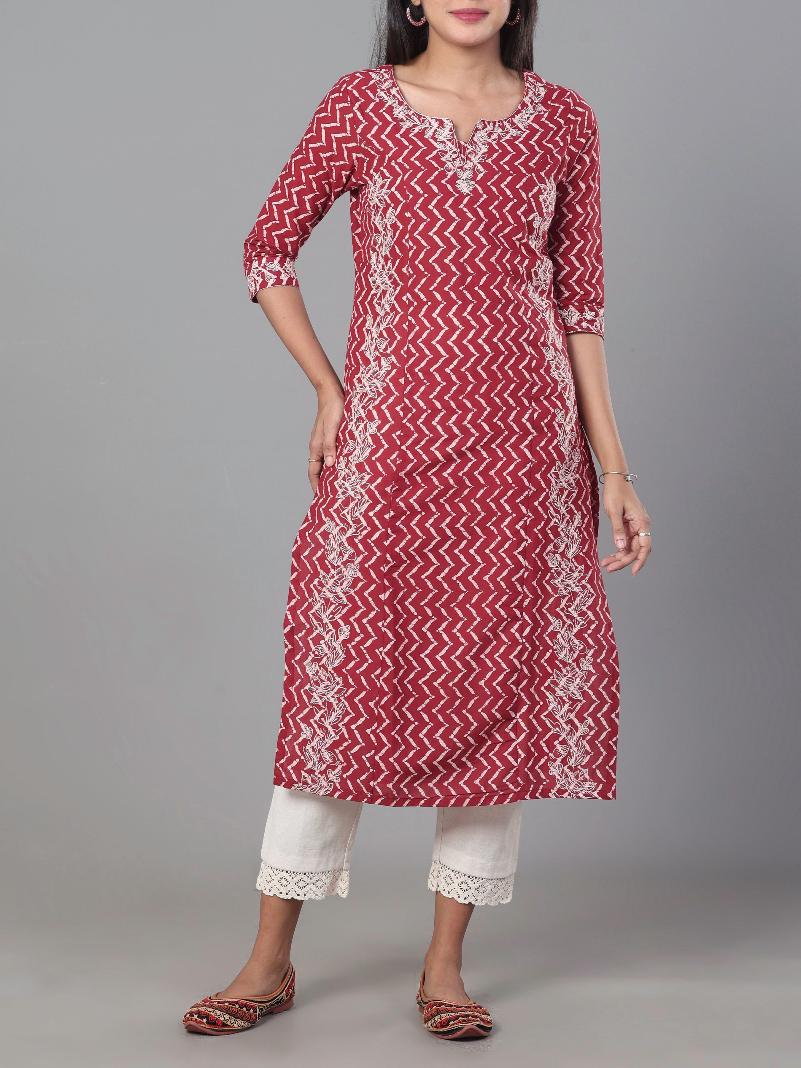 Meroon Pure Cotton Printed Kurti With Embroidery