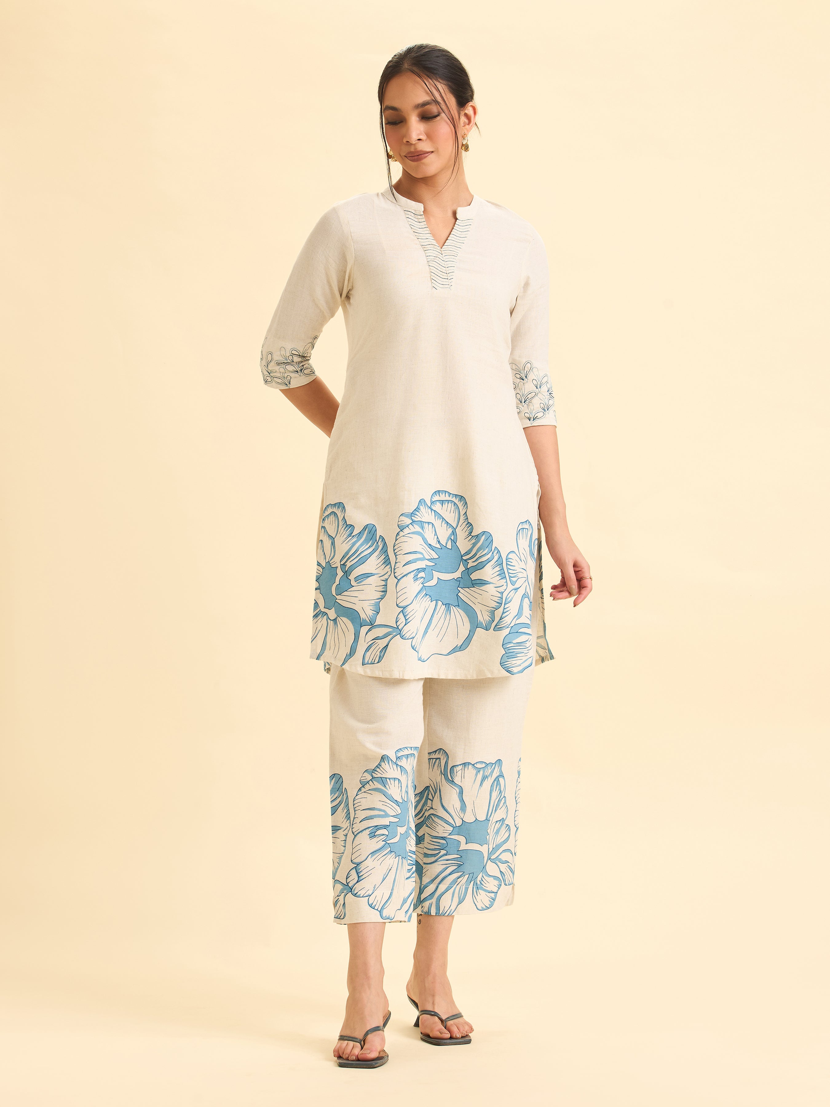 Ivory And Blue Cotton Flax Printed Kurti With Embroidery