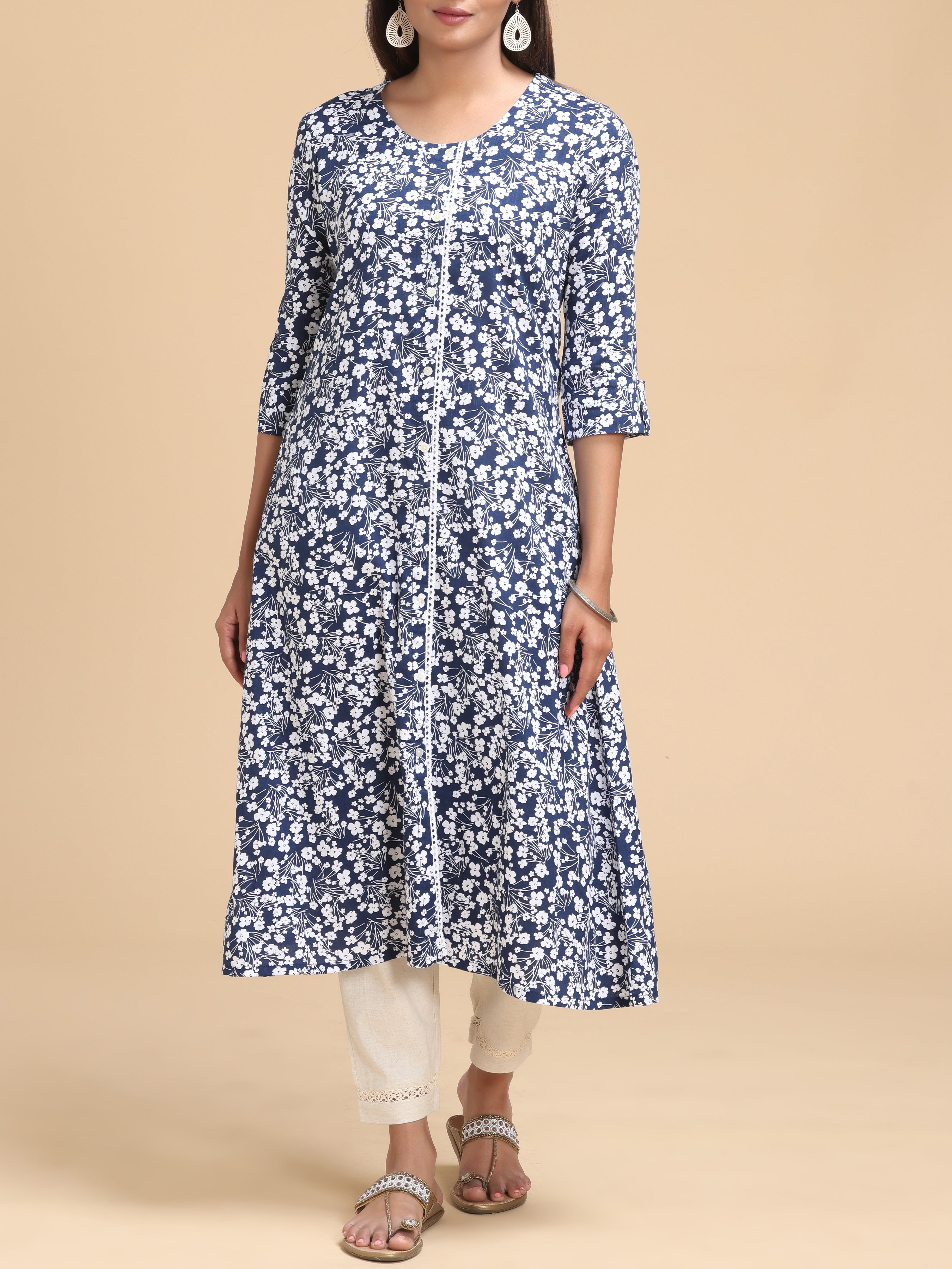 Midnight Blue Viscose Slub Kurti With Floral Print