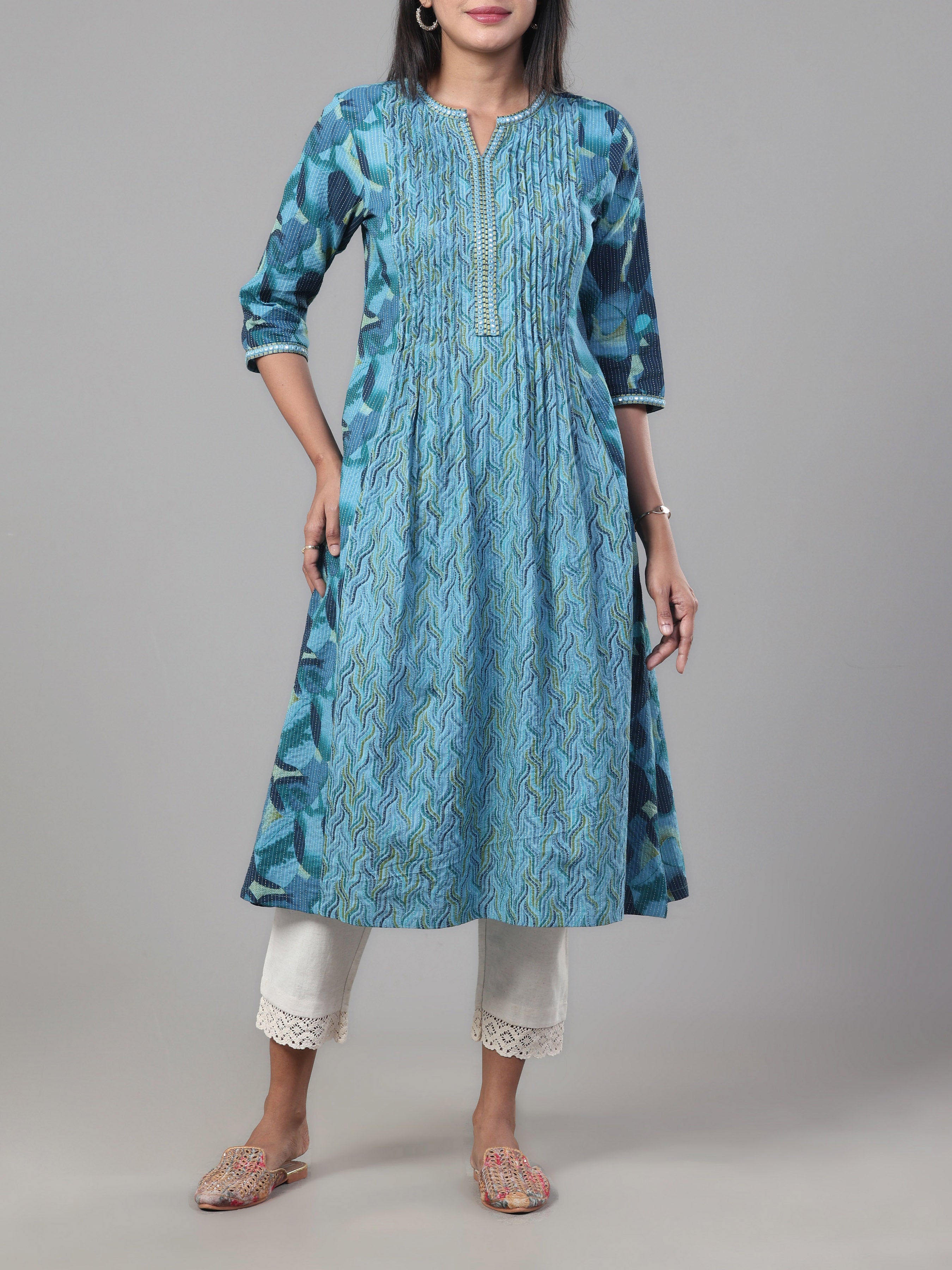 Multi Colour Pure Cotton Katha Printed Kurti