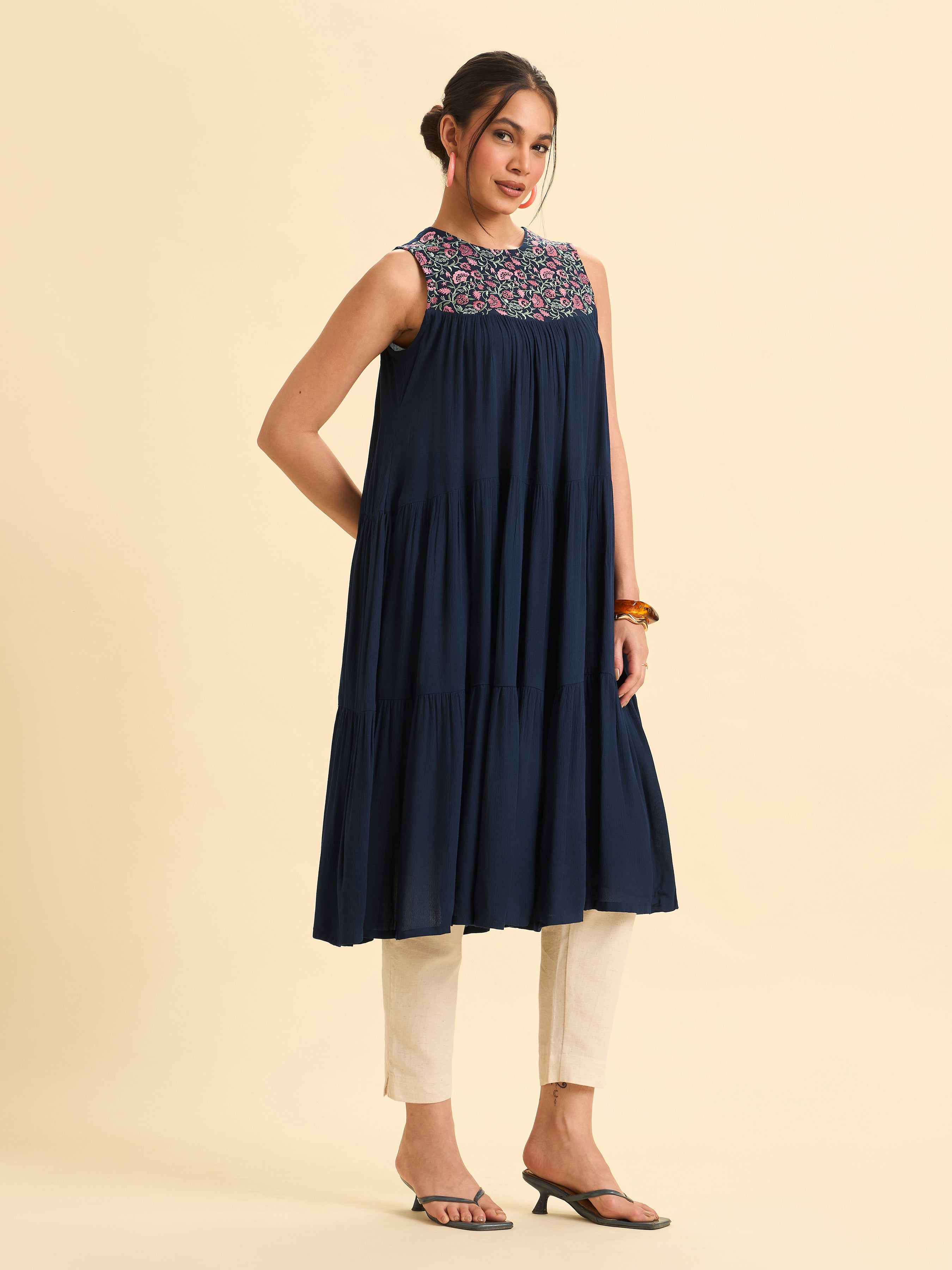 Navy Blue Wrinkle Viscose Plain Flared Tiered Cut Kurti With Sequins Embroidery