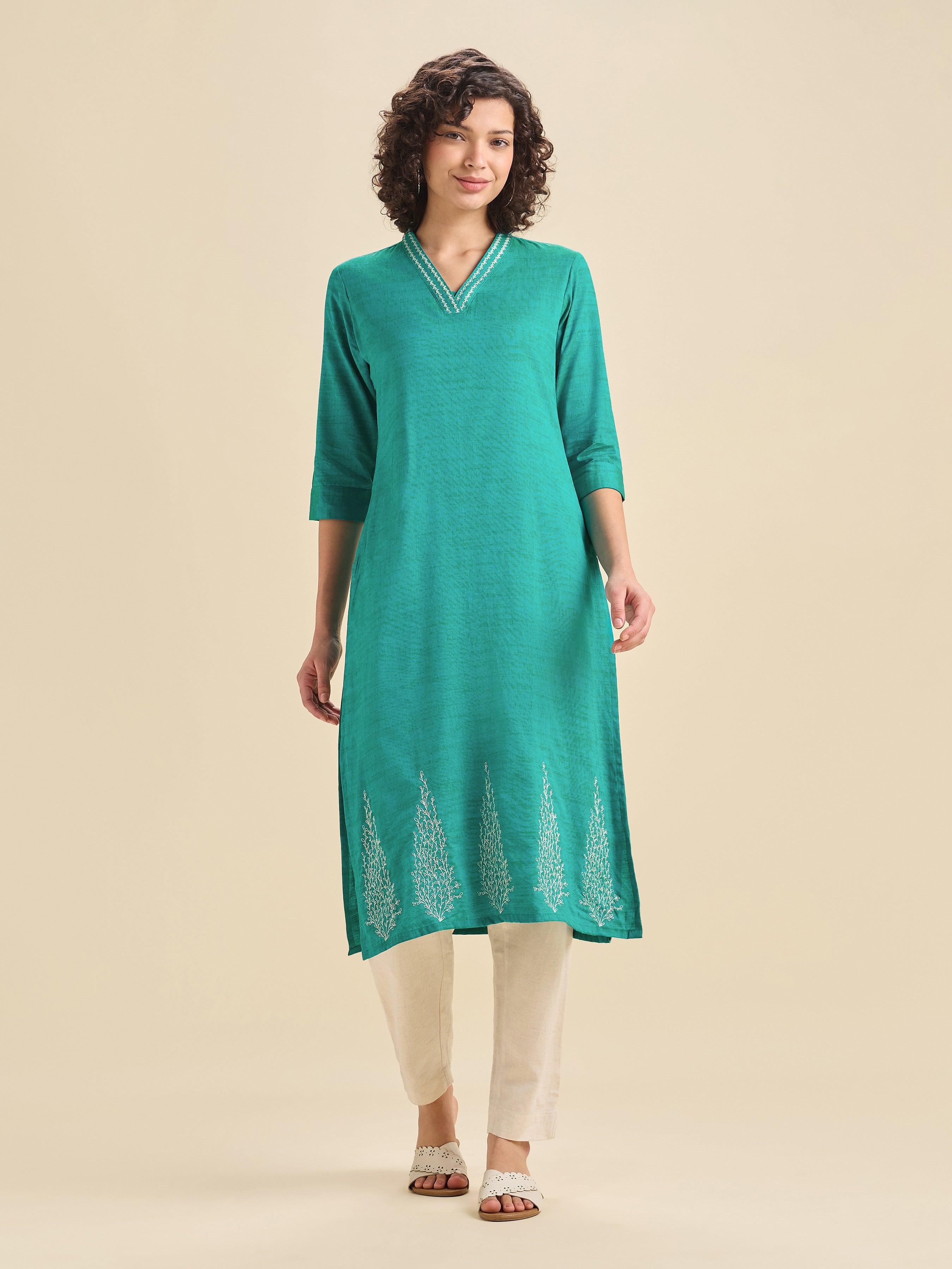 Aqua Green Cotton Viscose Kurti With Embroidery