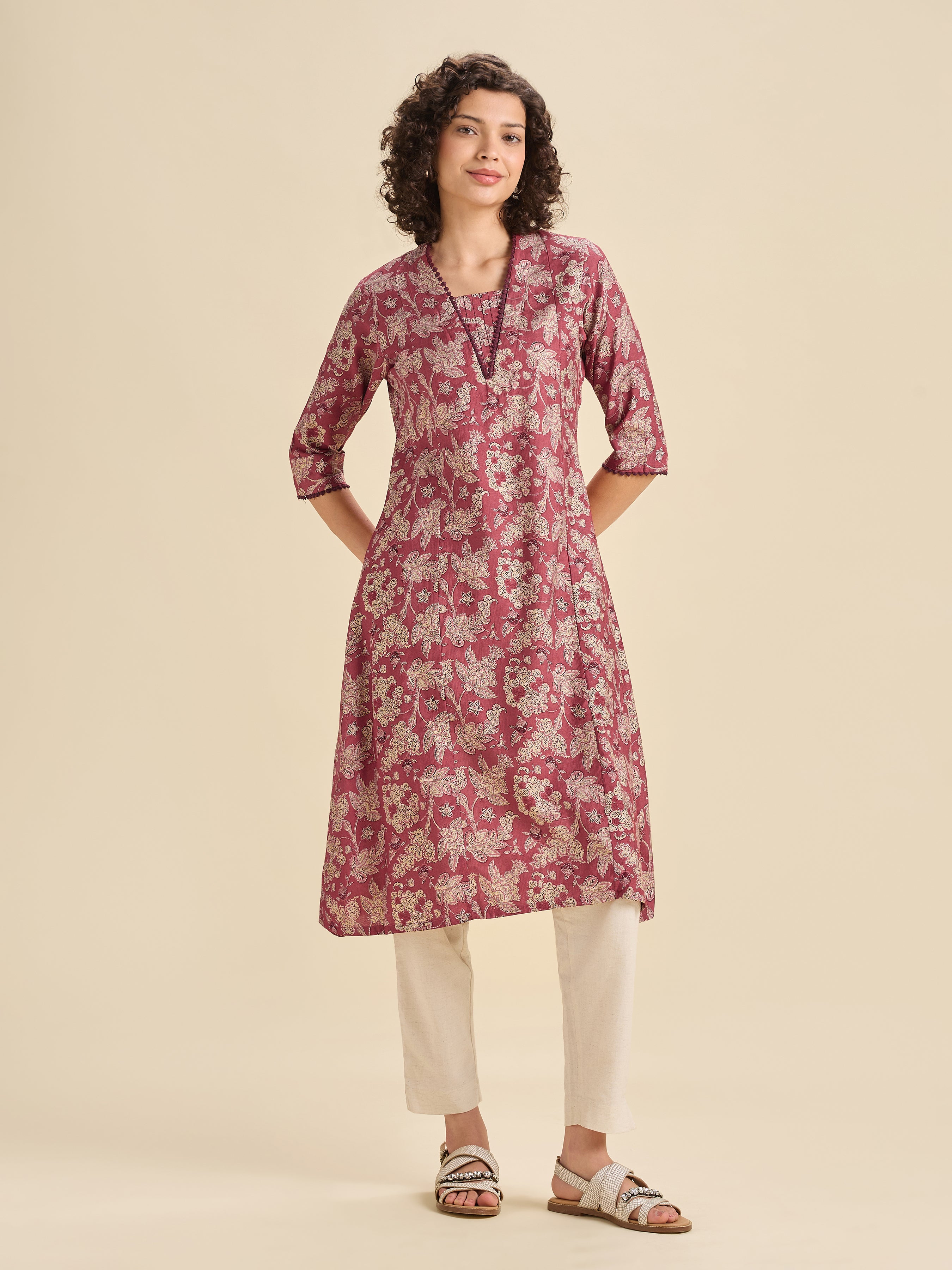 Maroon Multi Viscose Blend Printed Flared Kurti With Lace