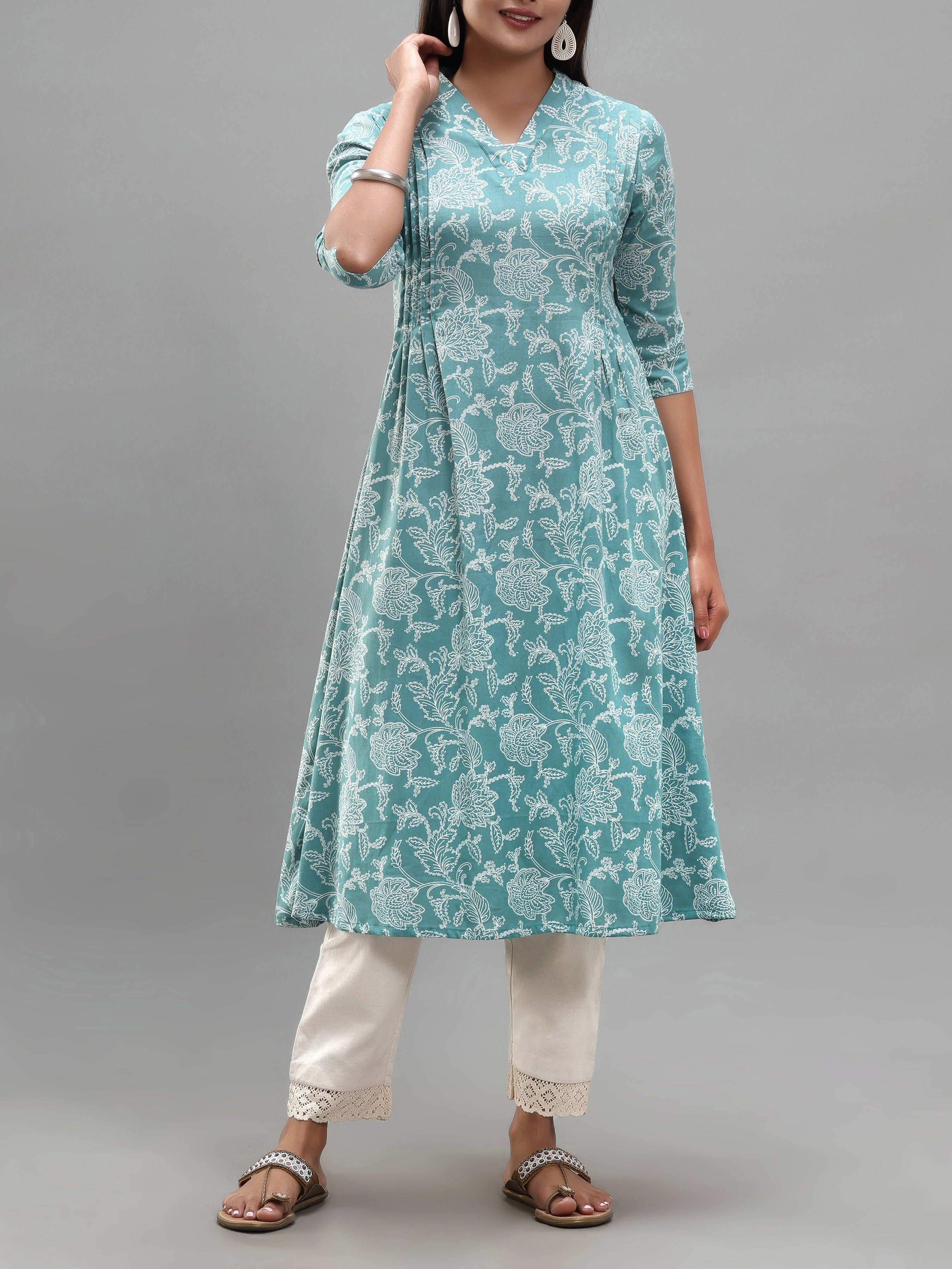Teal Blue Cotton Flax Kurti With Print