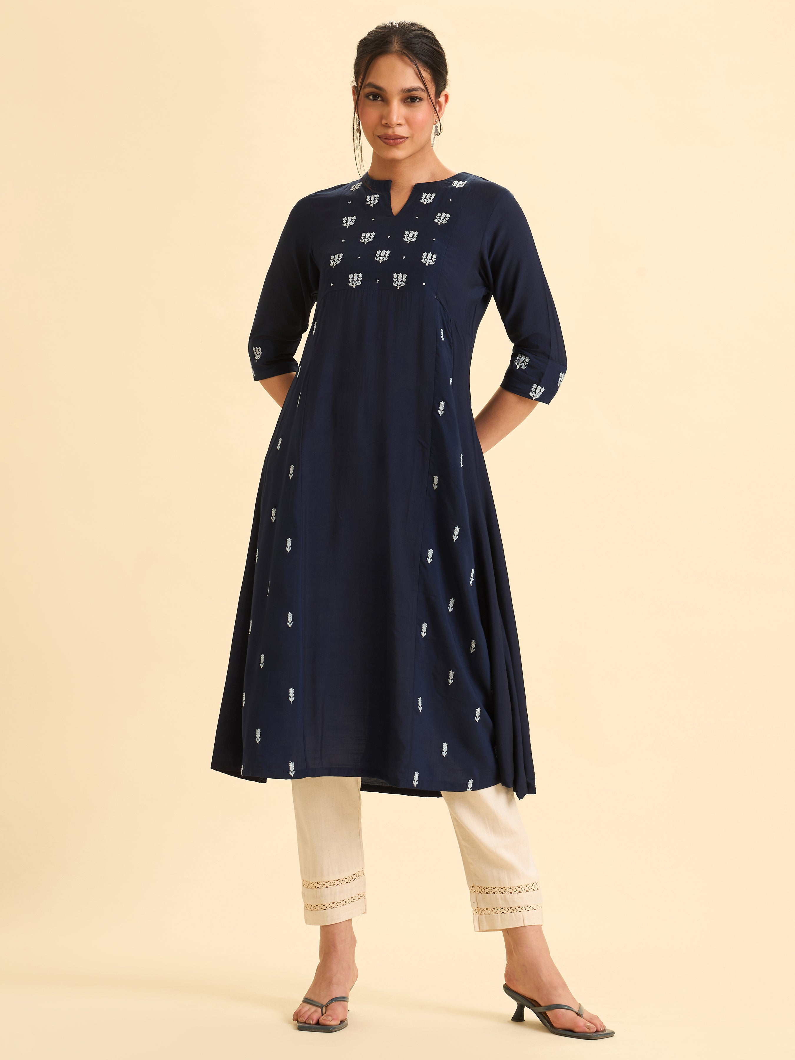 Navy Blue Viscose Blend Flared Kurti With Embroidery