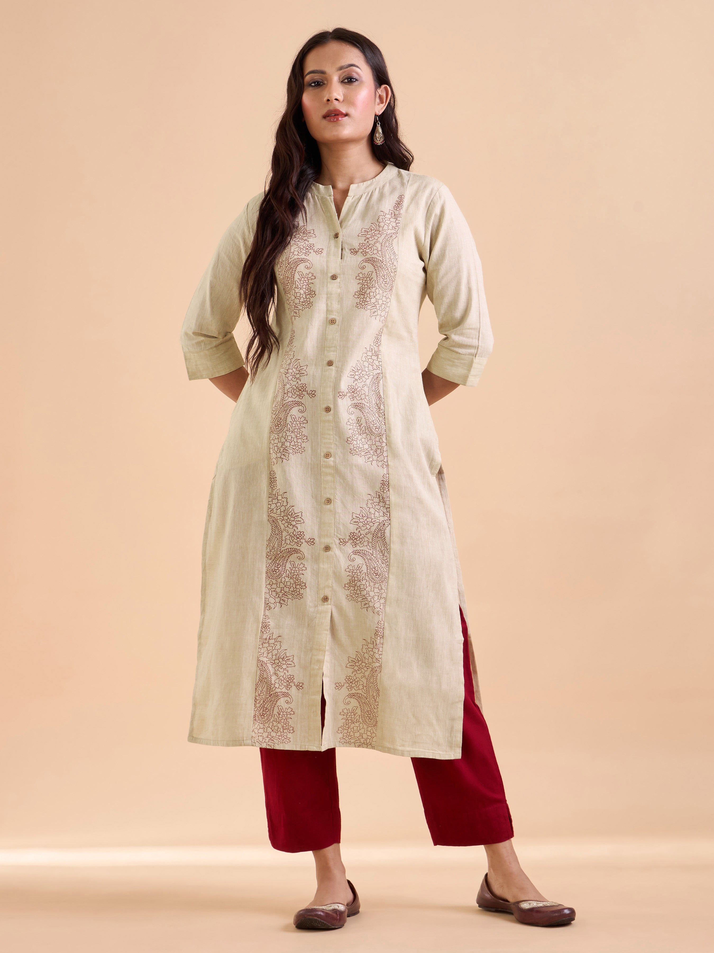 Beige Pure Cotton Kurti With Print