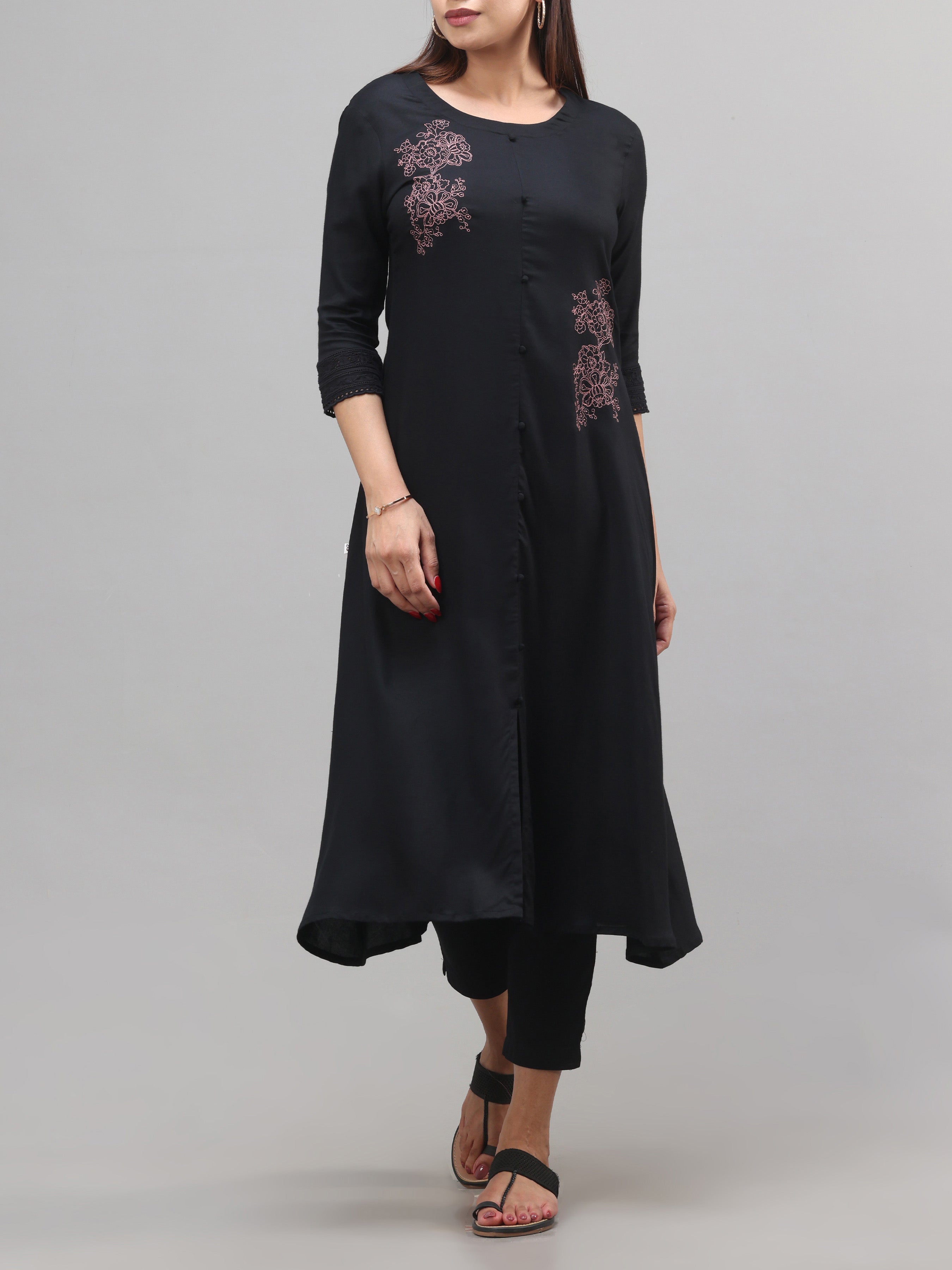 Black Viscose Plain Kurti With Embroidery