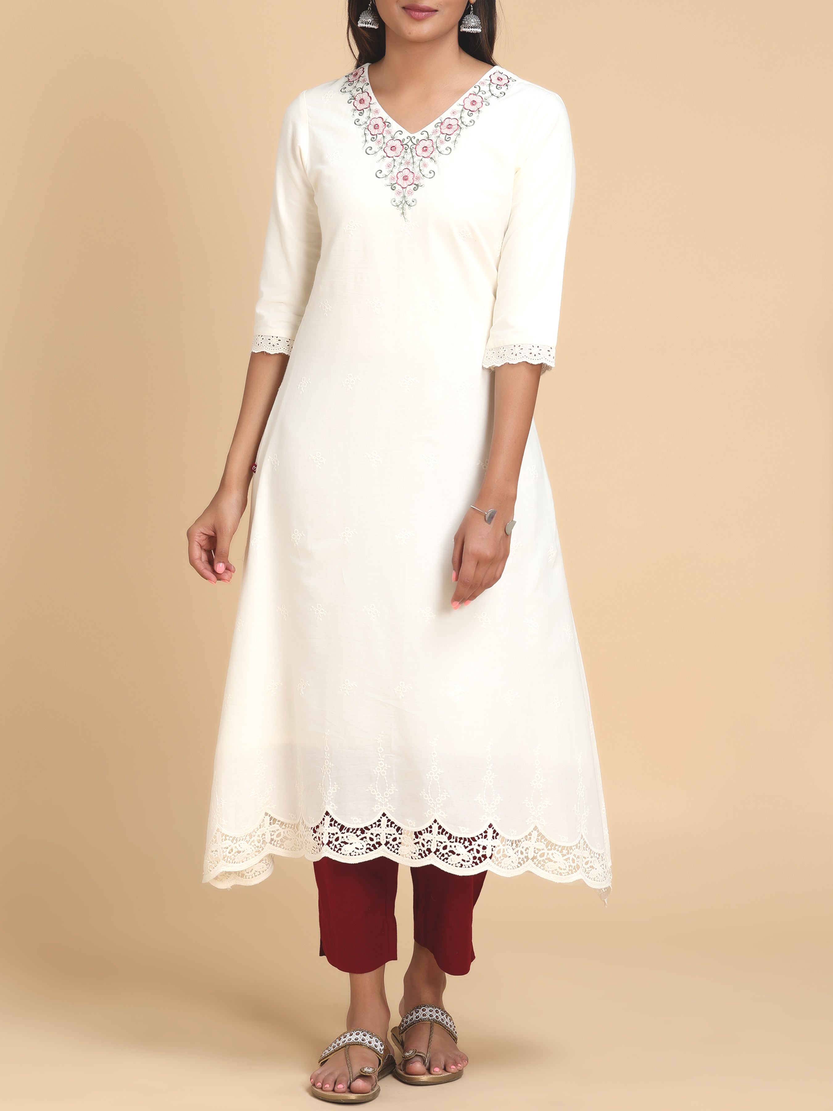 Off White Pure Cotton Kurti With Embroidery