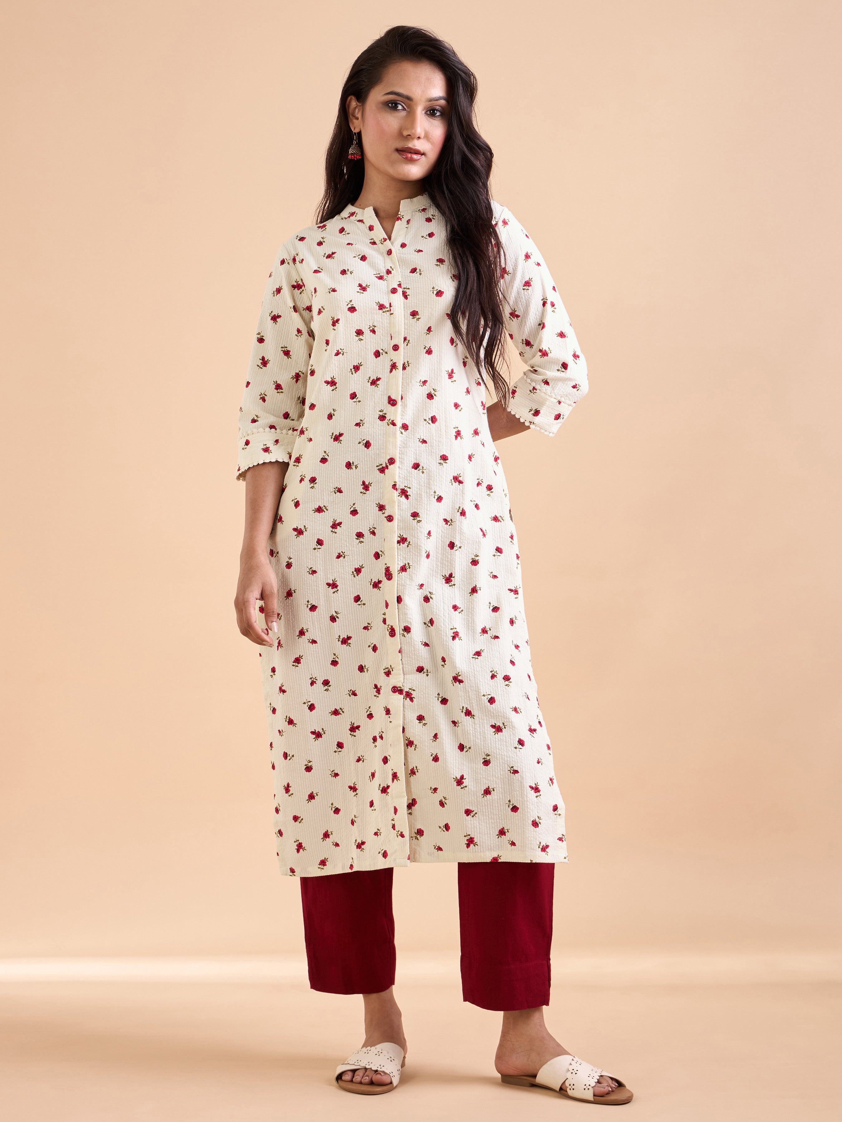 Ivory Pure Cotton Seersucker Printed Kurti With Lace