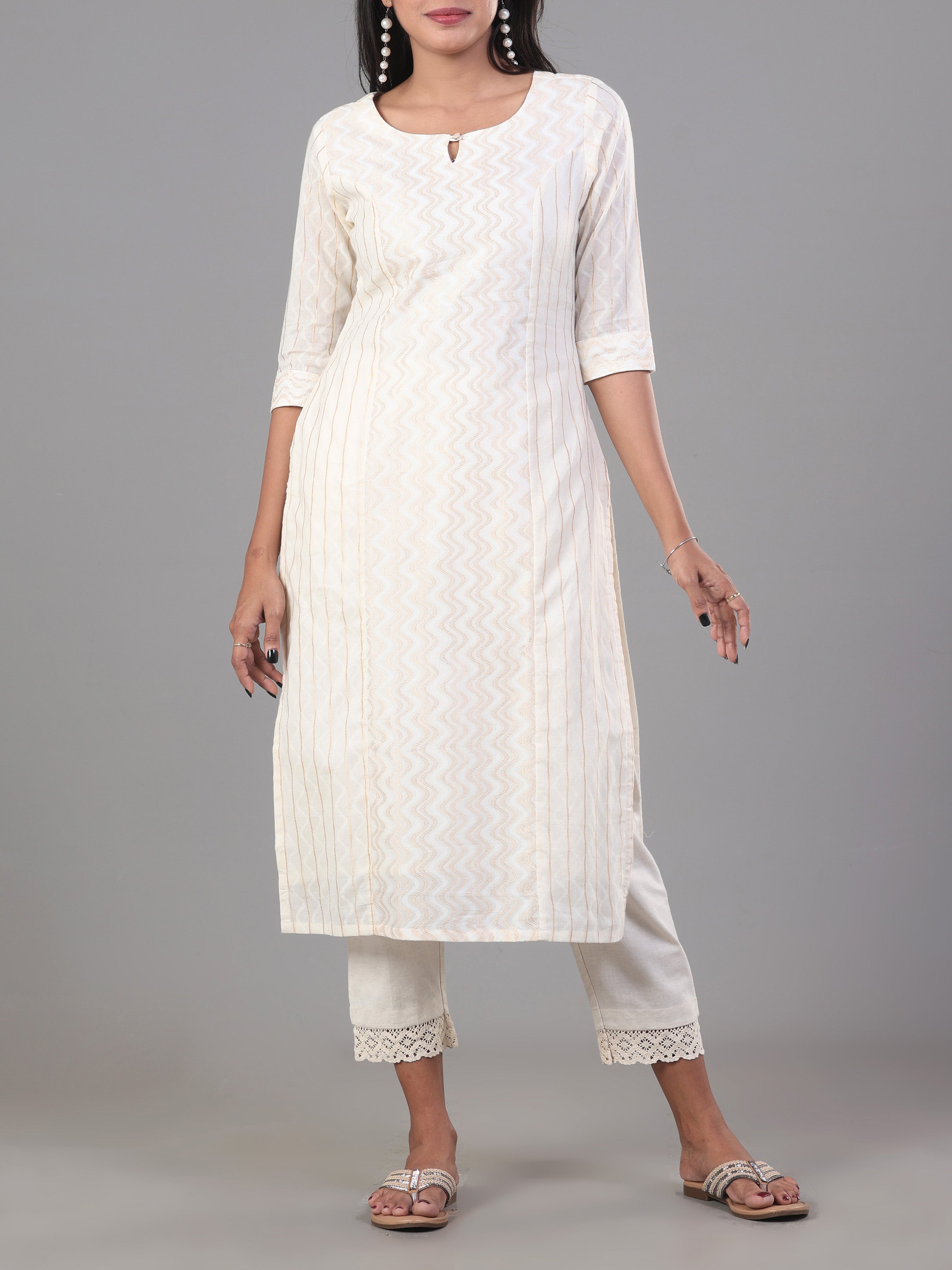Ivory Cotton Jacquard Kurti With Princess Cut