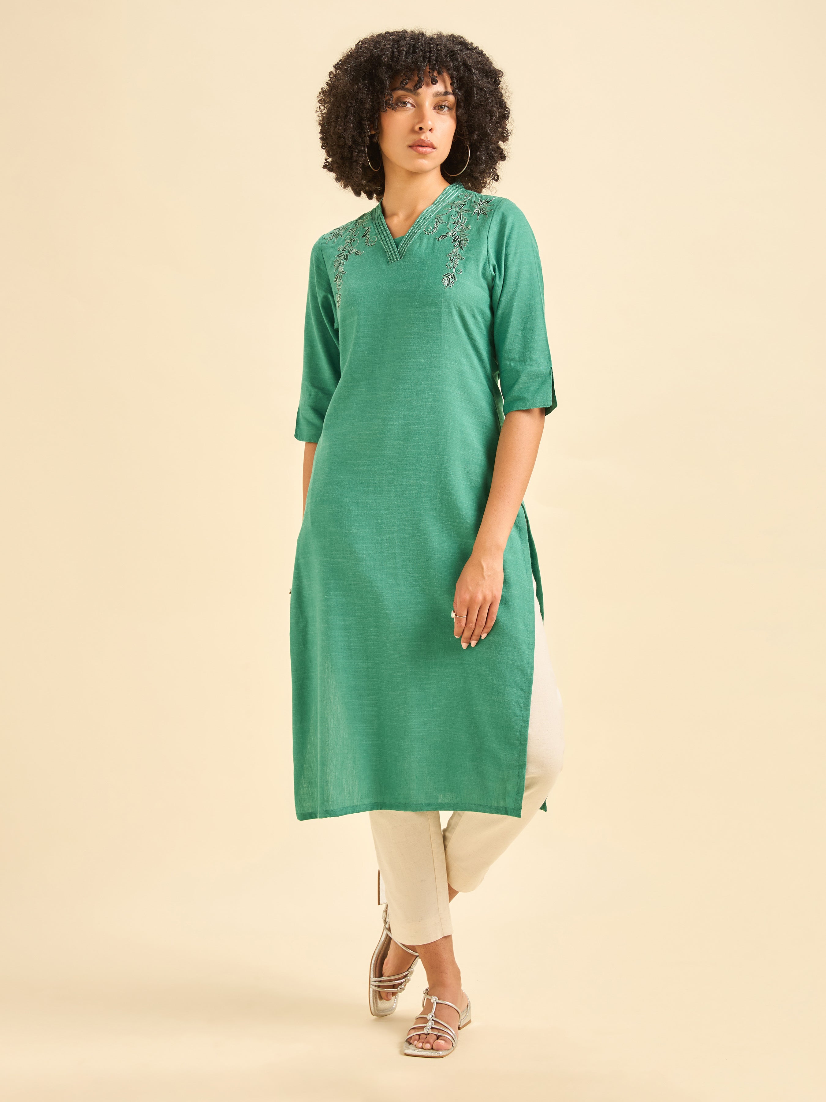 Aqua Green Cotton Viscose Flared Kurti With Embroidery