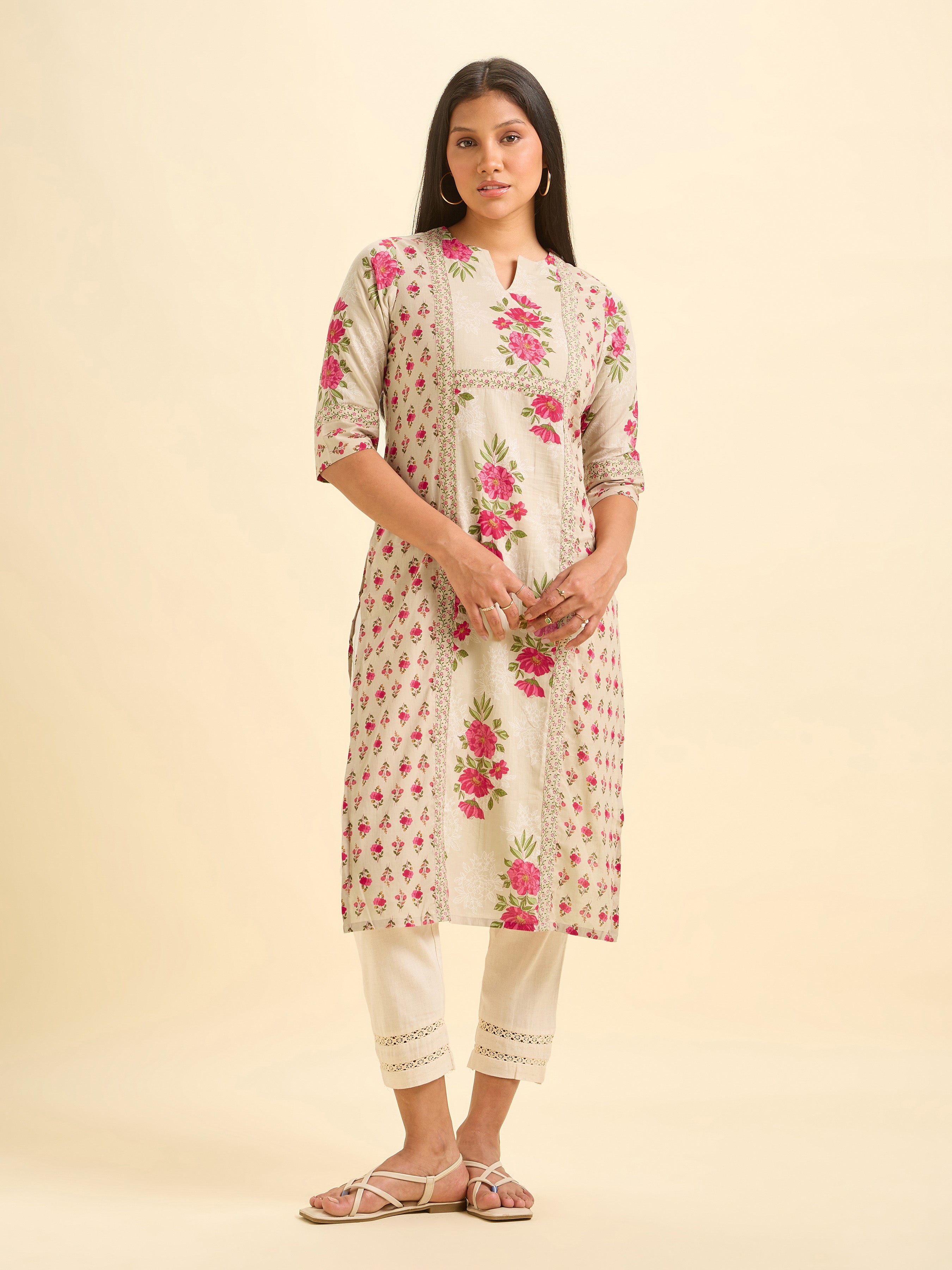 Biege Pink Pure Cotton Print Slited Kurti With Centre Panel