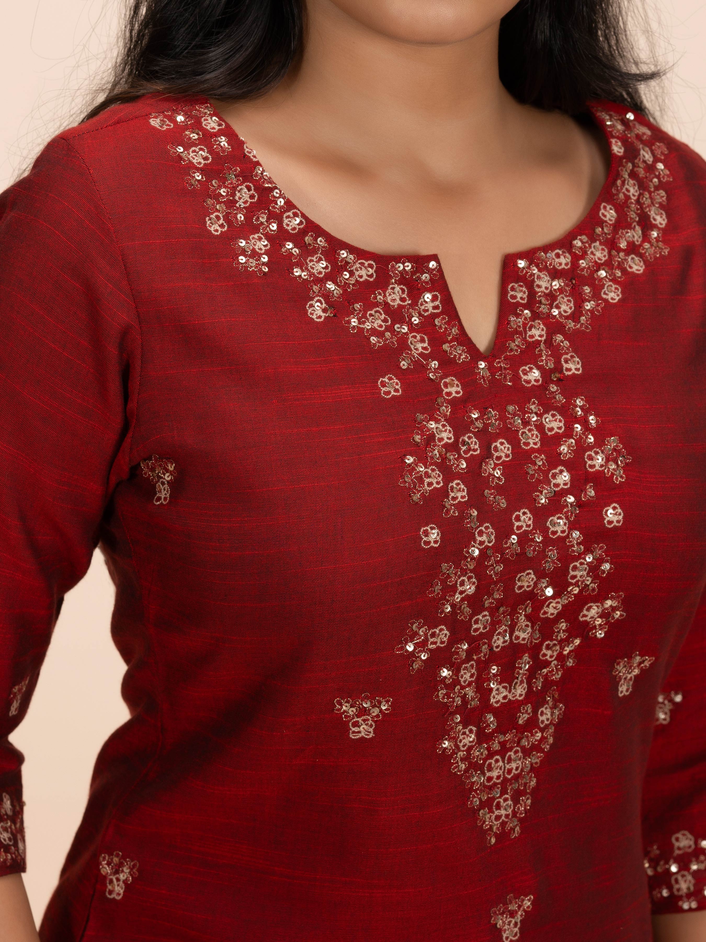 Red Cotton Viscose Kurti With Embroidery
