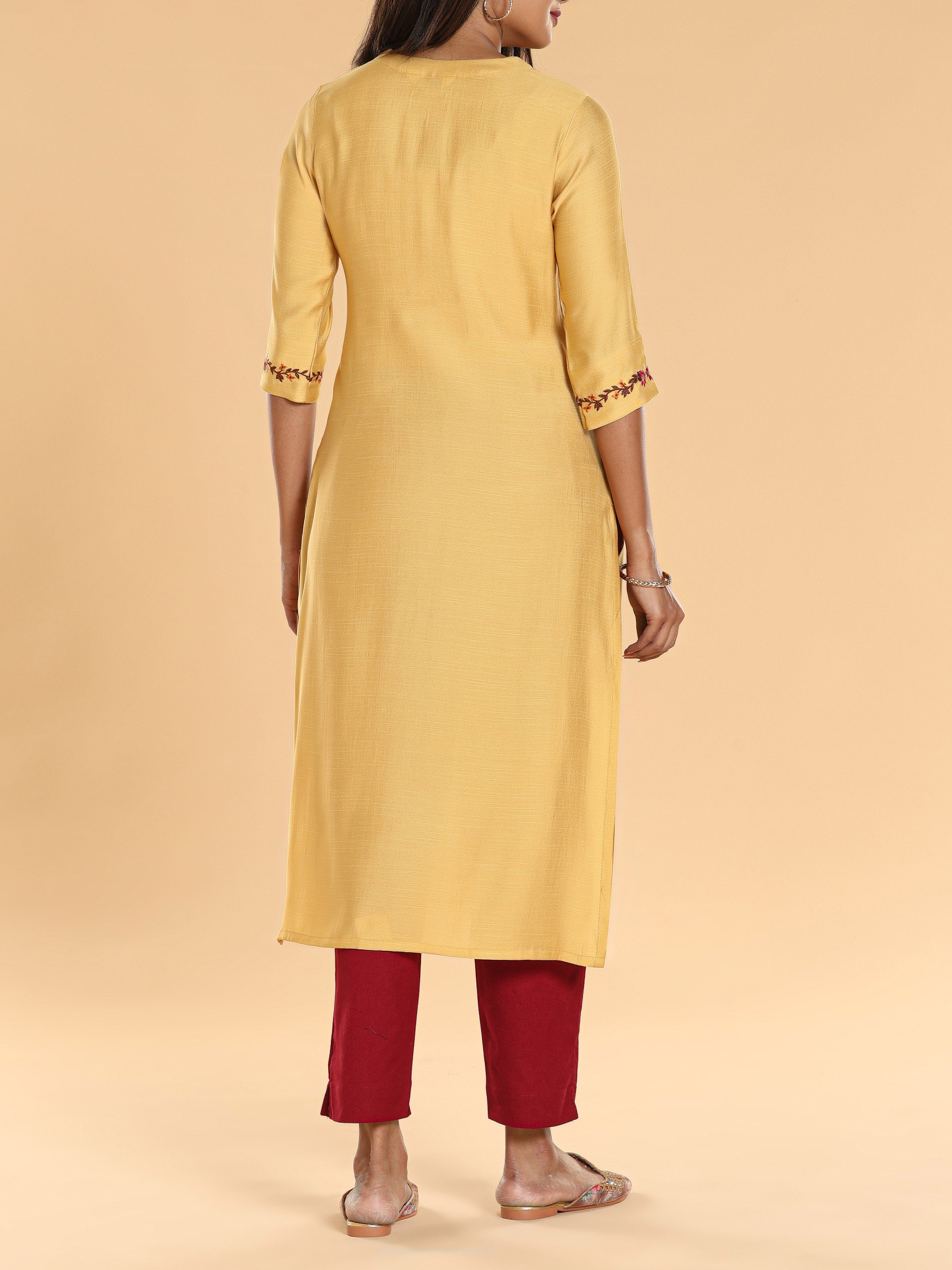 Yellow Poly Viscose Kurti With Embroidery