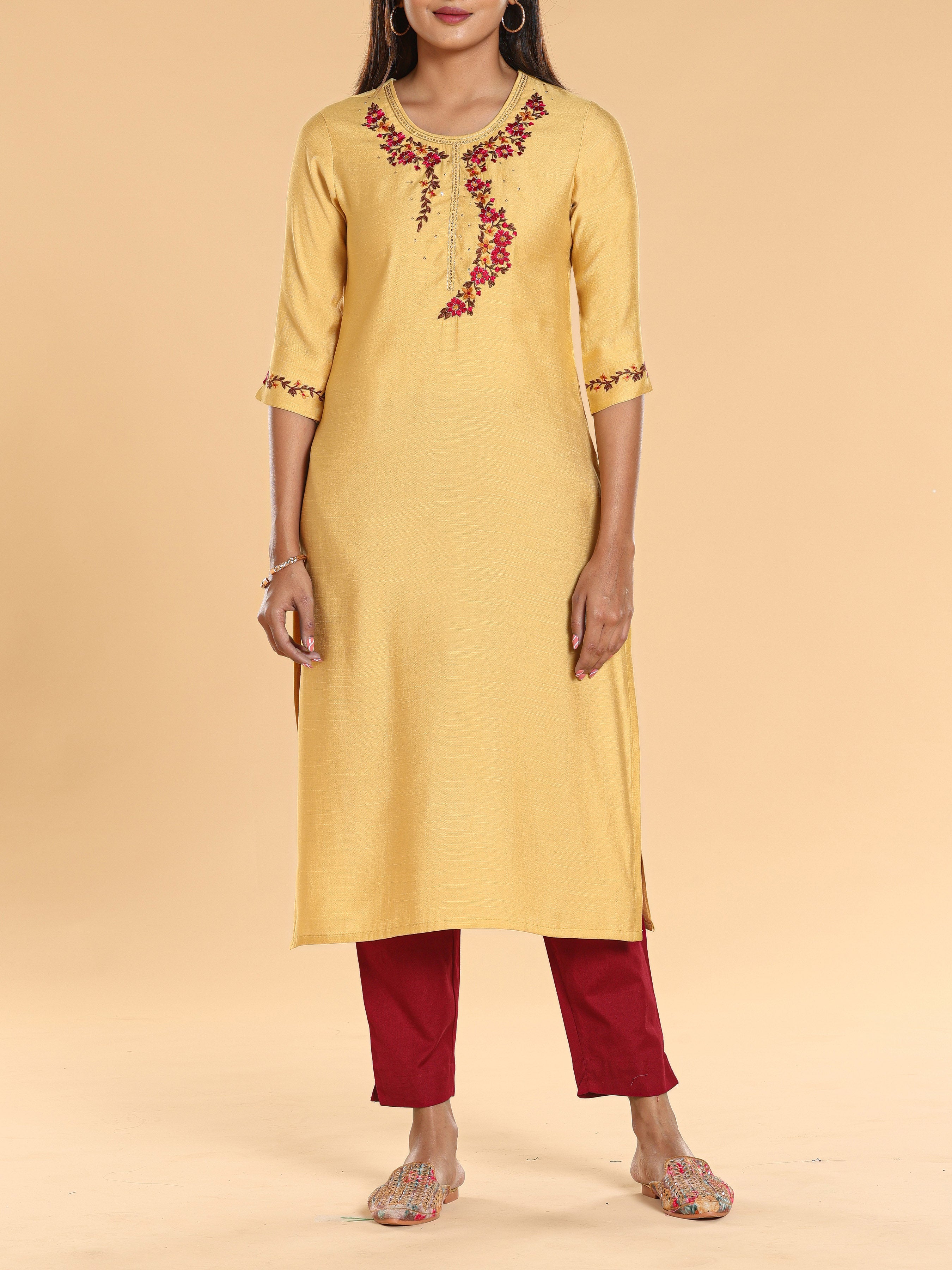 Yellow Poly Viscose Kurti With Embroidery