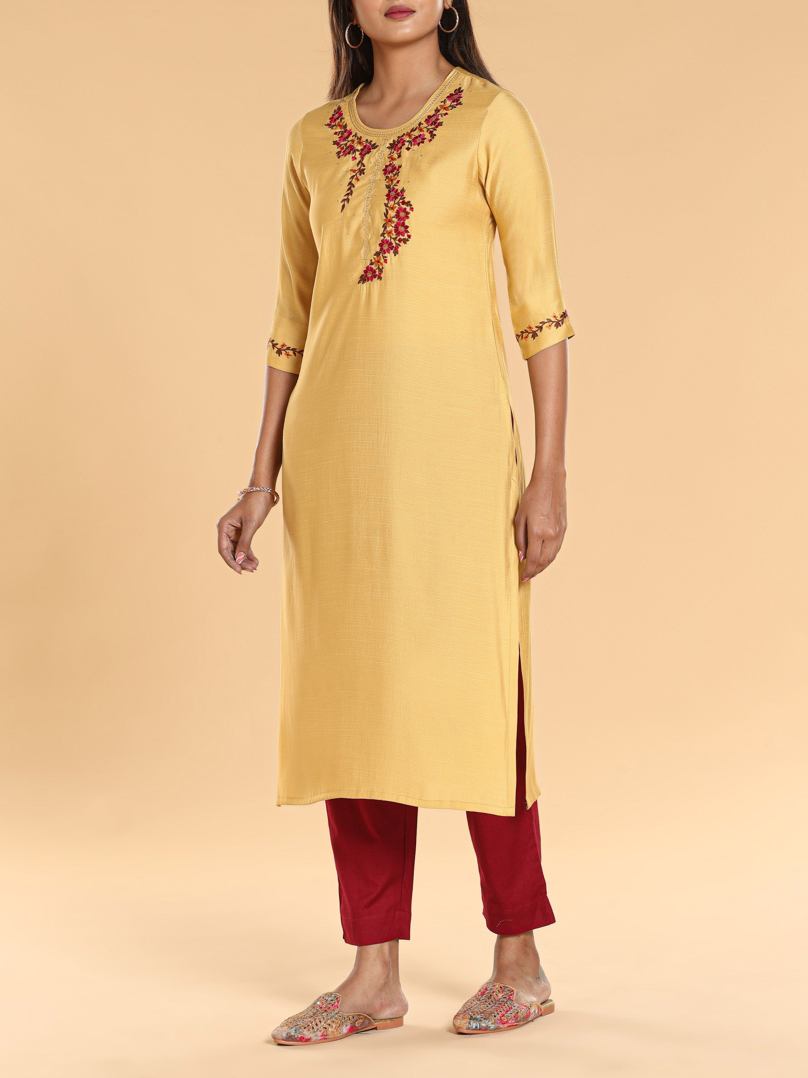 Yellow Poly Viscose Kurti With Embroidery
