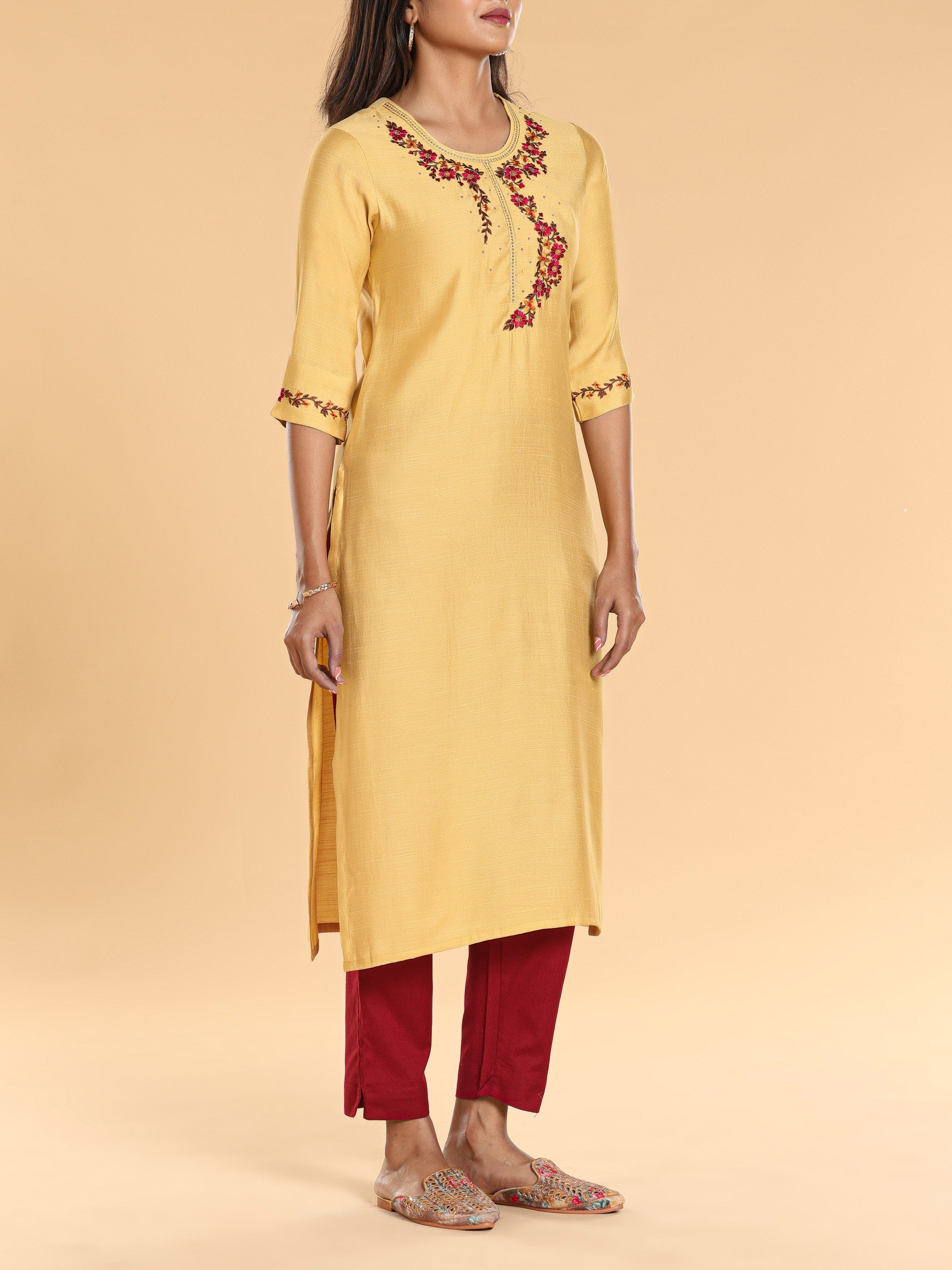 Yellow Poly Viscose Kurti With Embroidery