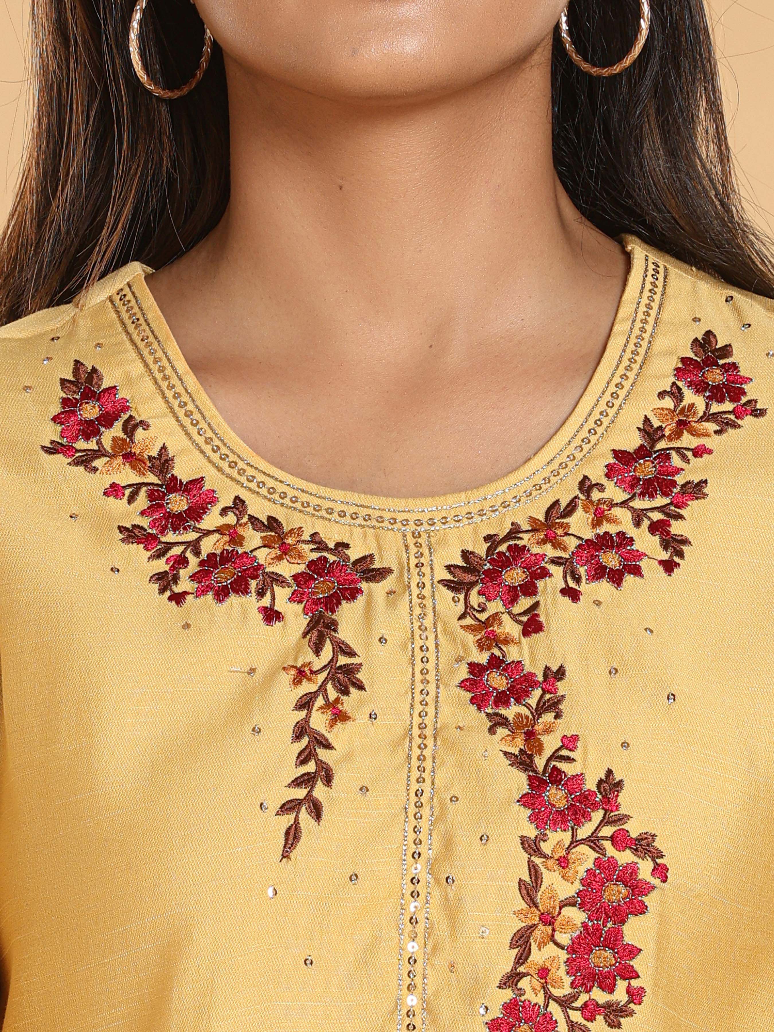 Yellow Poly Viscose Kurti With Embroidery