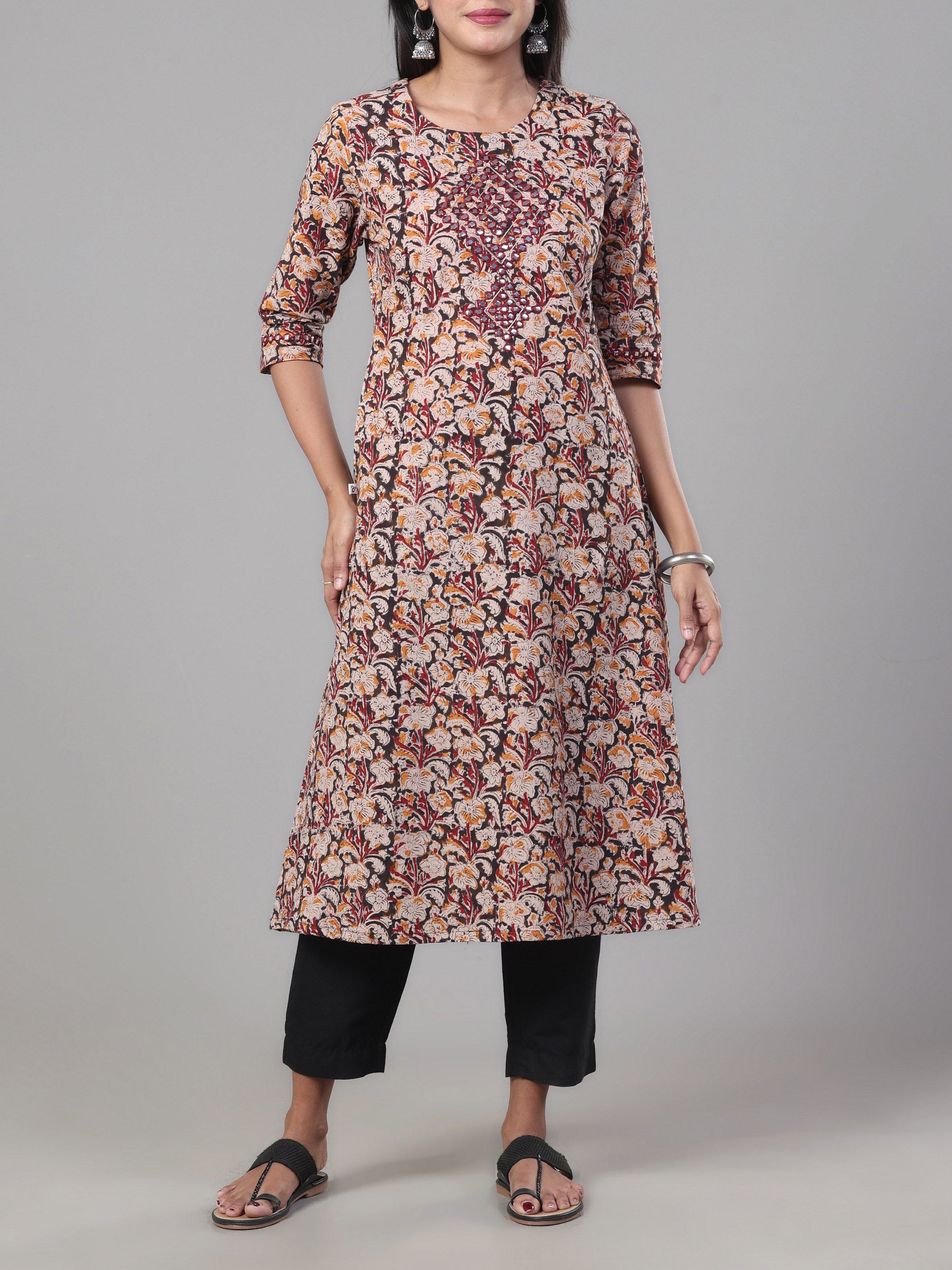 Maroon And Black Pure Cotton Printed Kurti With Mirror Work