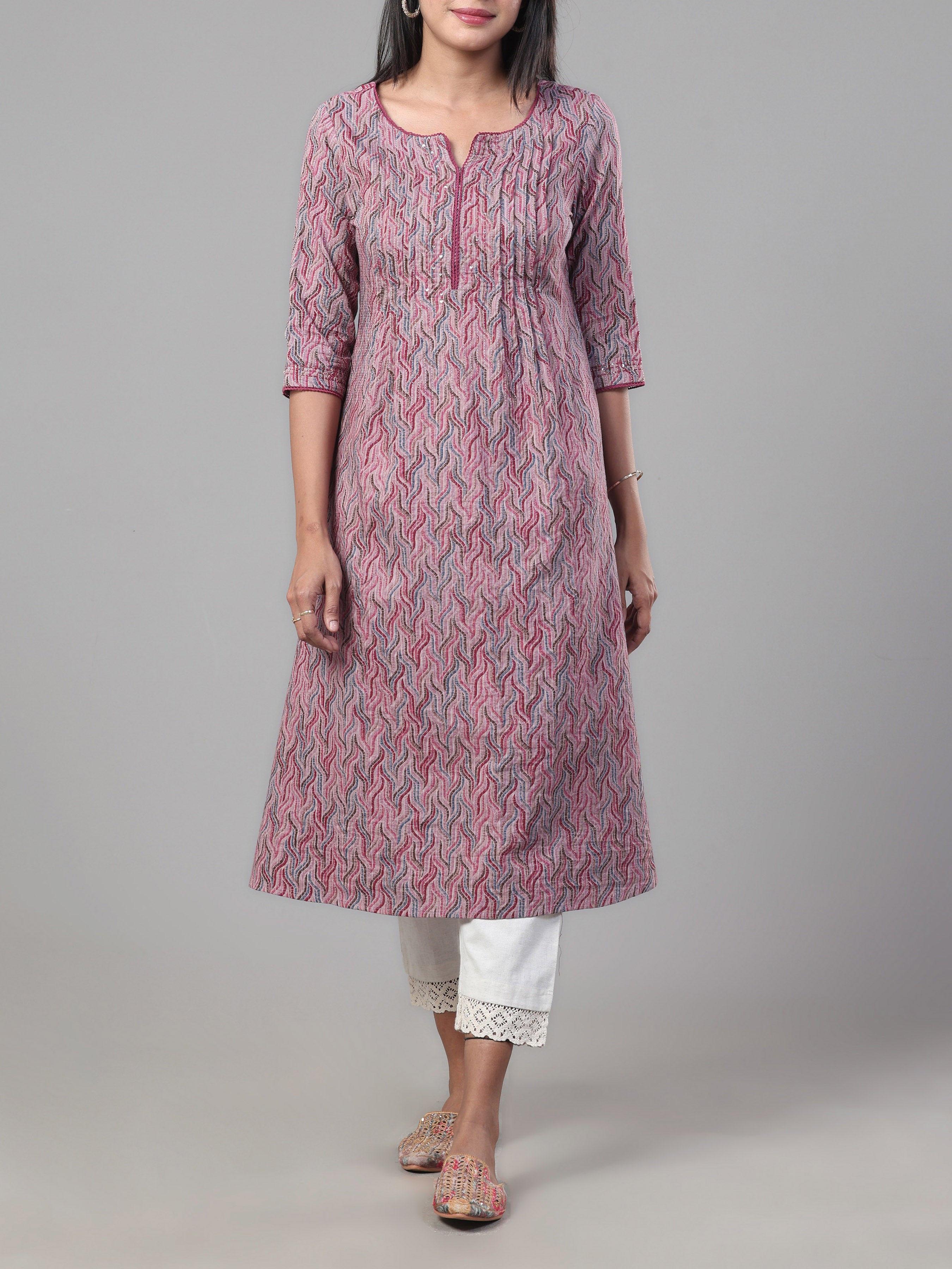 Multi Colour Pure Cotton Katha Printed Kurti