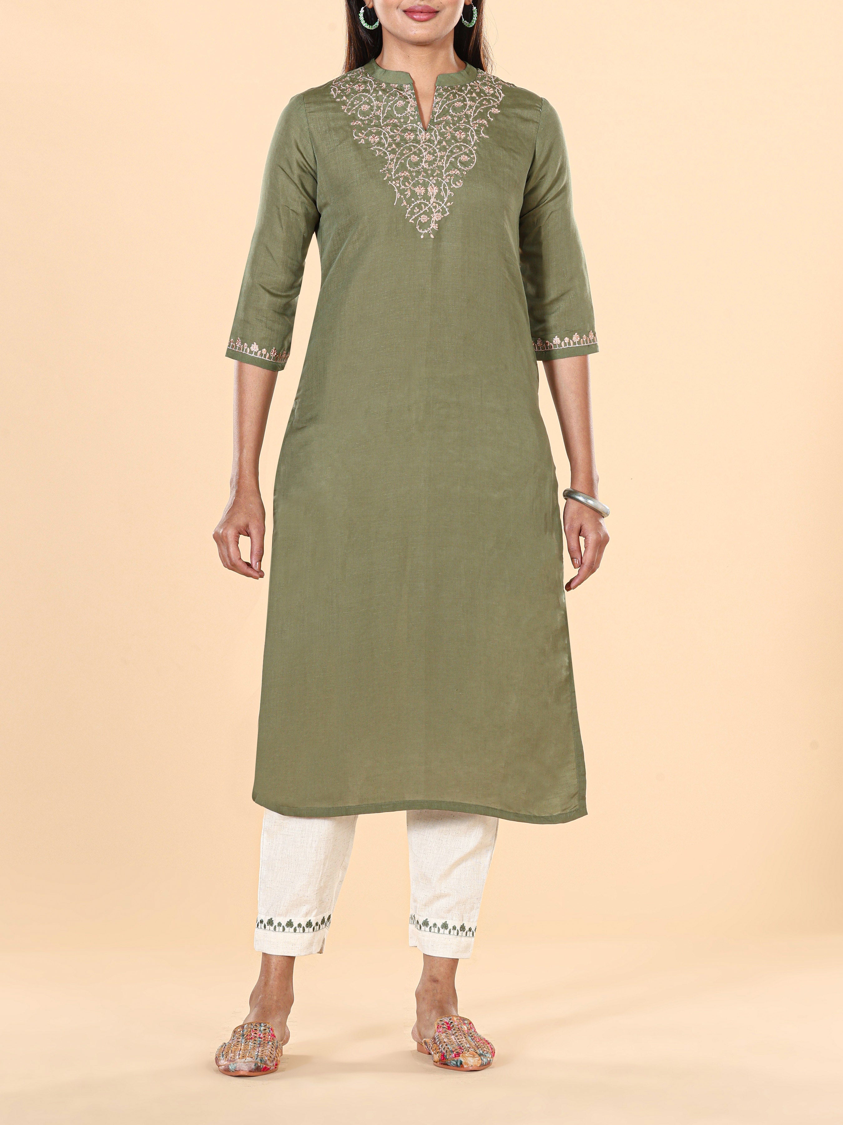 Olive Green Linen Embroidered Kurti With Bottom