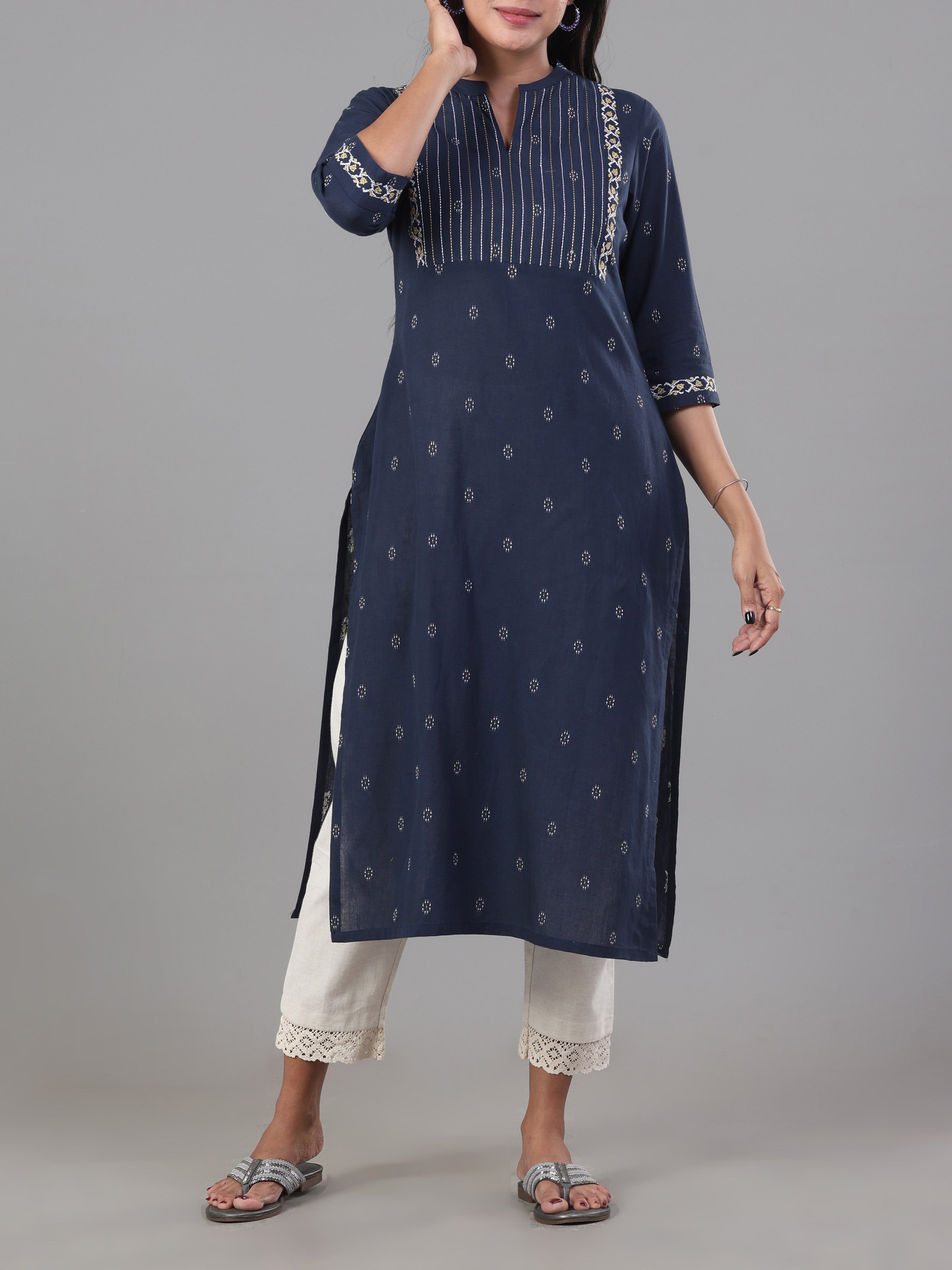 Navy Blue Cotton Dobby Kurti With Embroidery