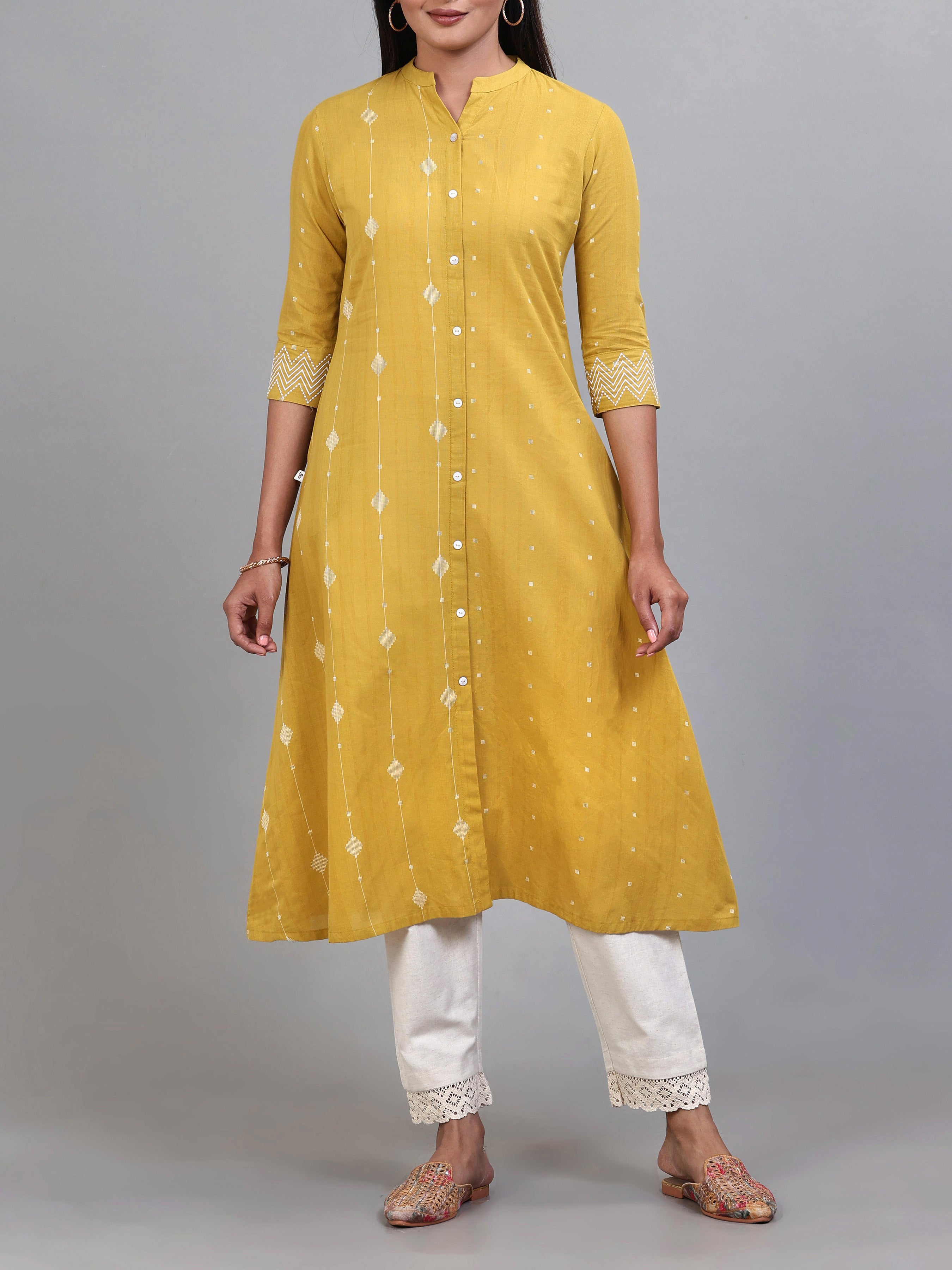 Pale Yellow Cotton Dobby Kurti With Embroidery