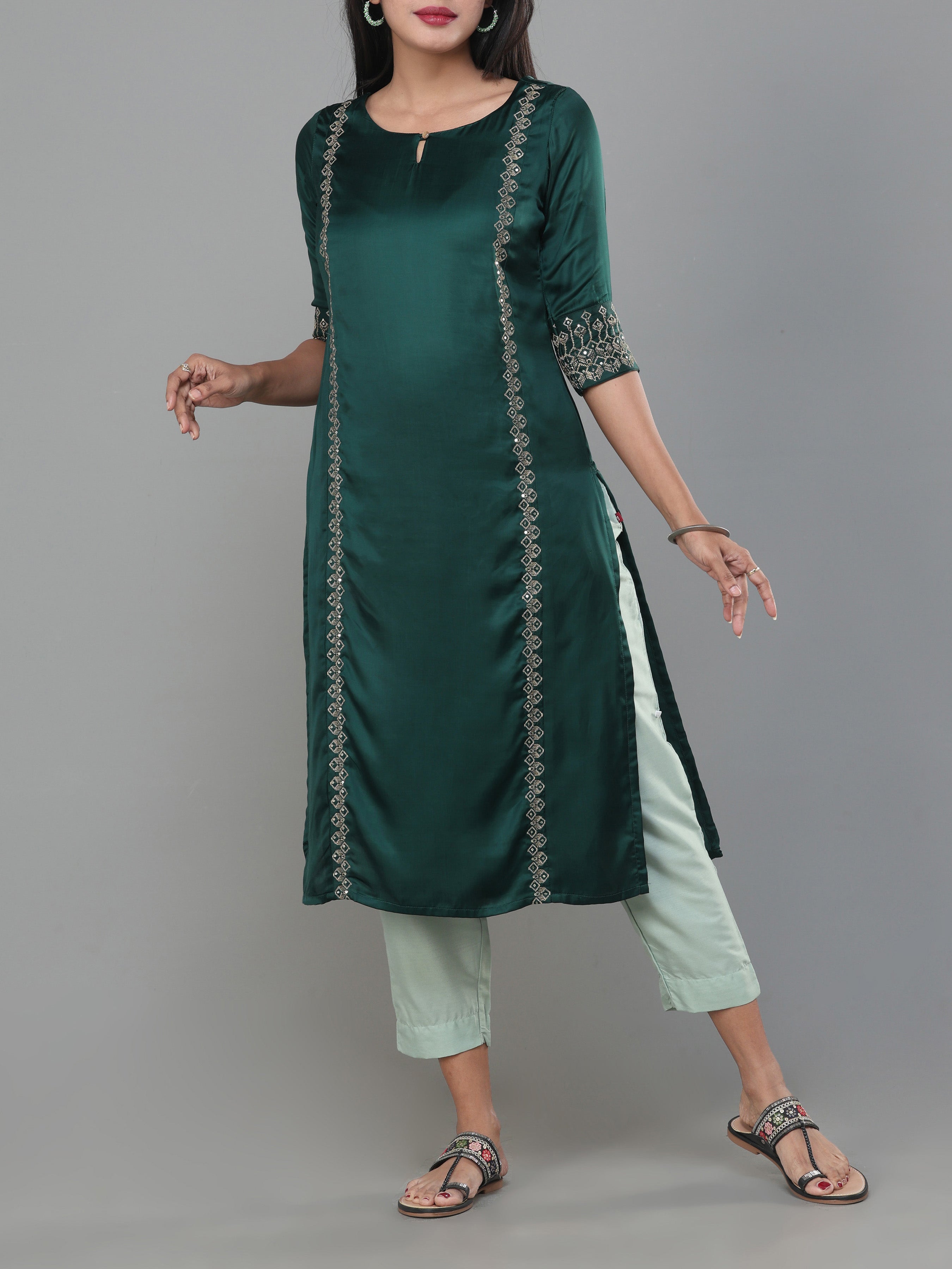 Bottle Green Satin Kurti With Matching Bottom