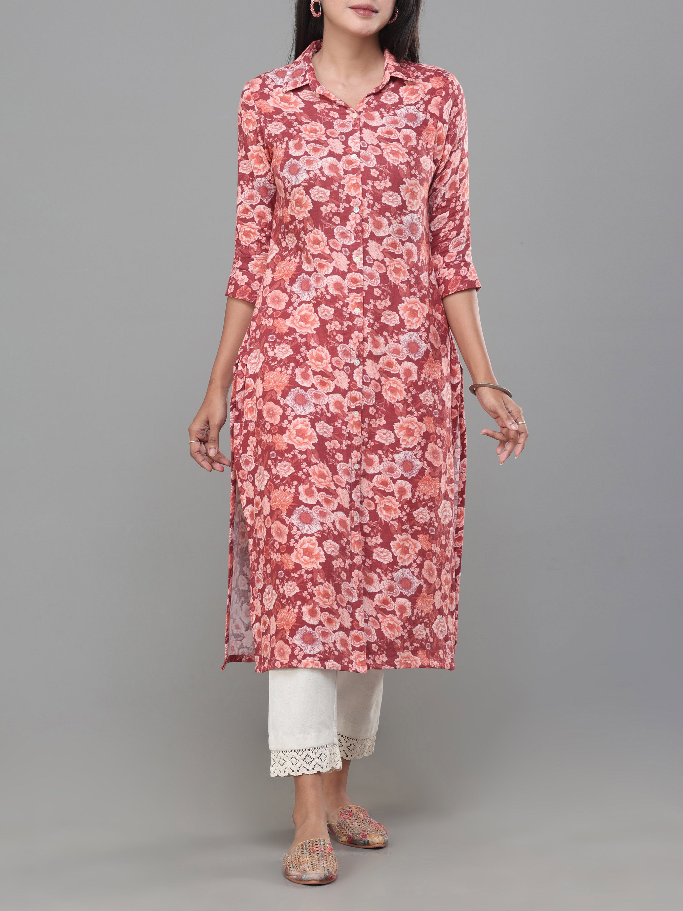 Brick Red Double Cotton Printed Kurti With Center Cut