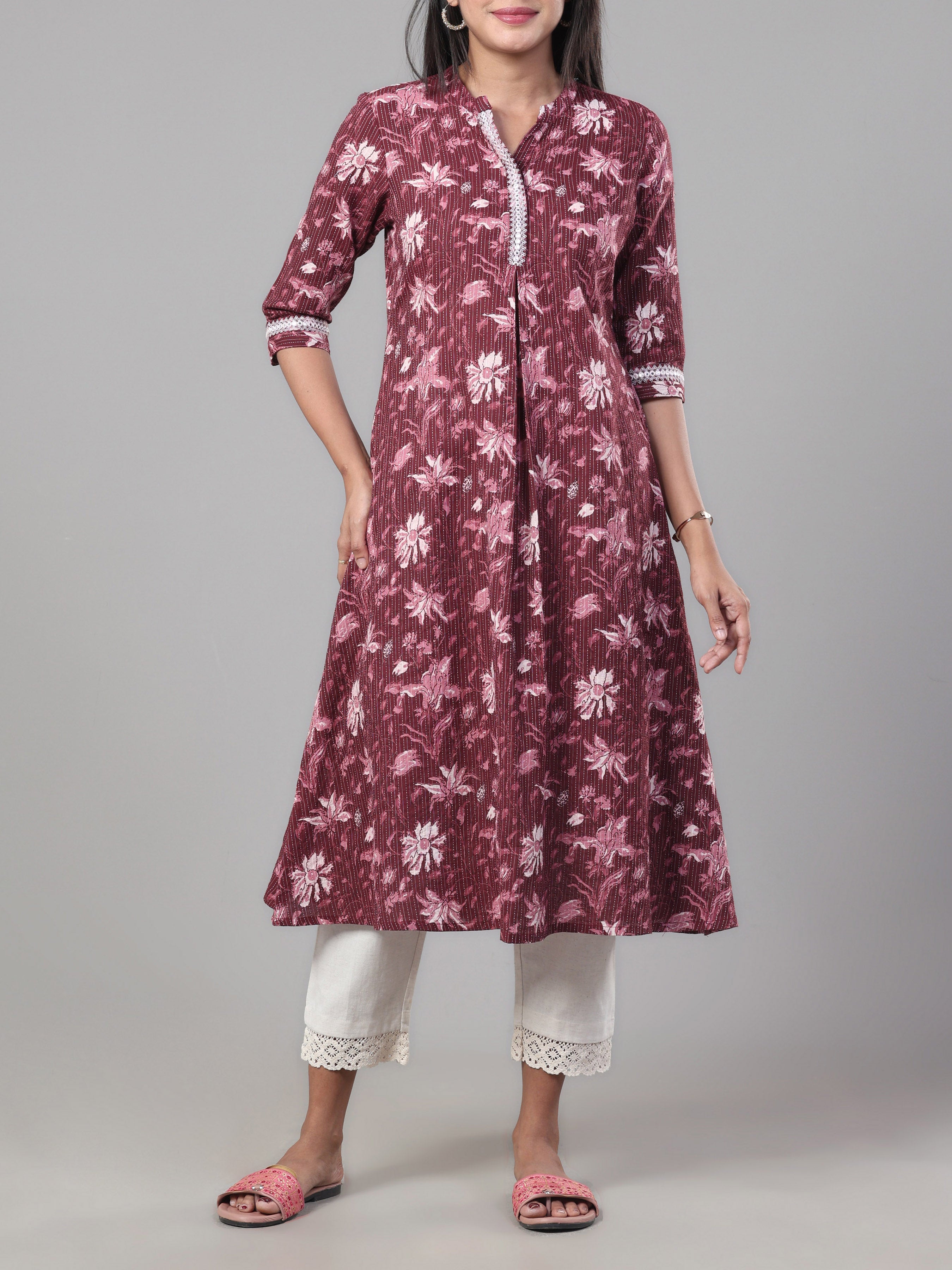 Wine Red Pure Cotton Kurti With Embroidery