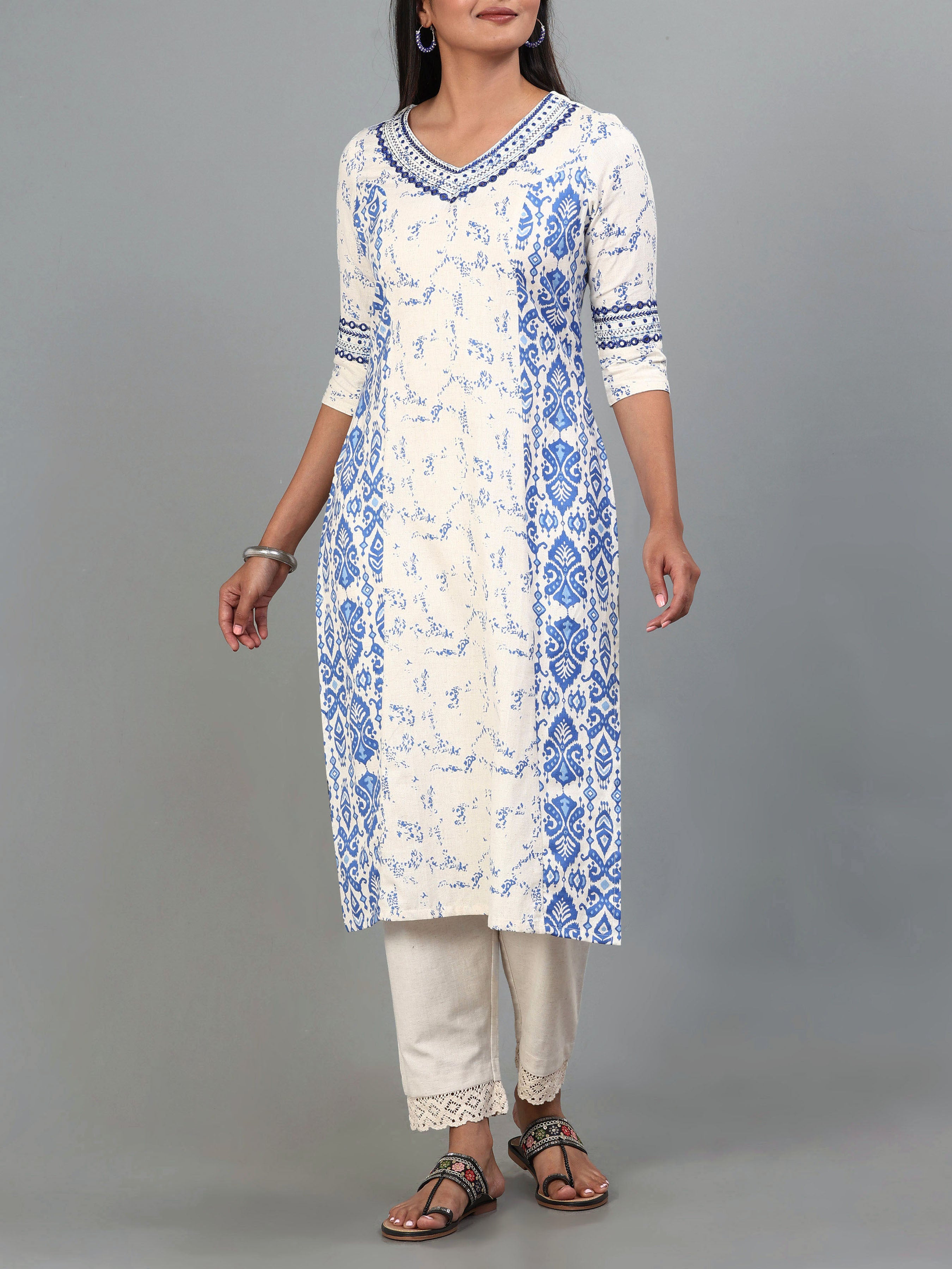Multi Colour Cotton Flax Kurti With Embroidery