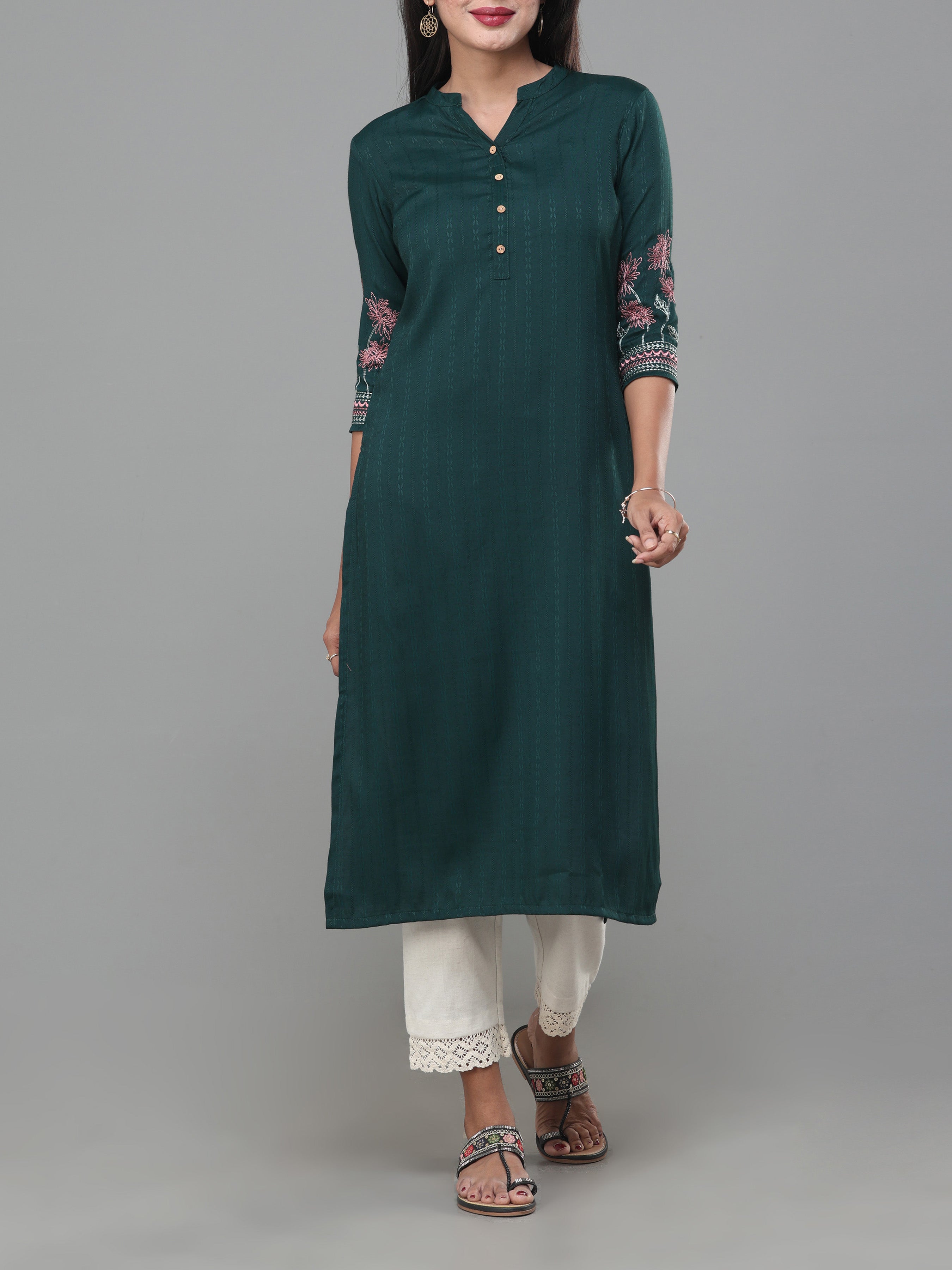 Bottle Green Viscose Jacquard Kurti With Embroidery