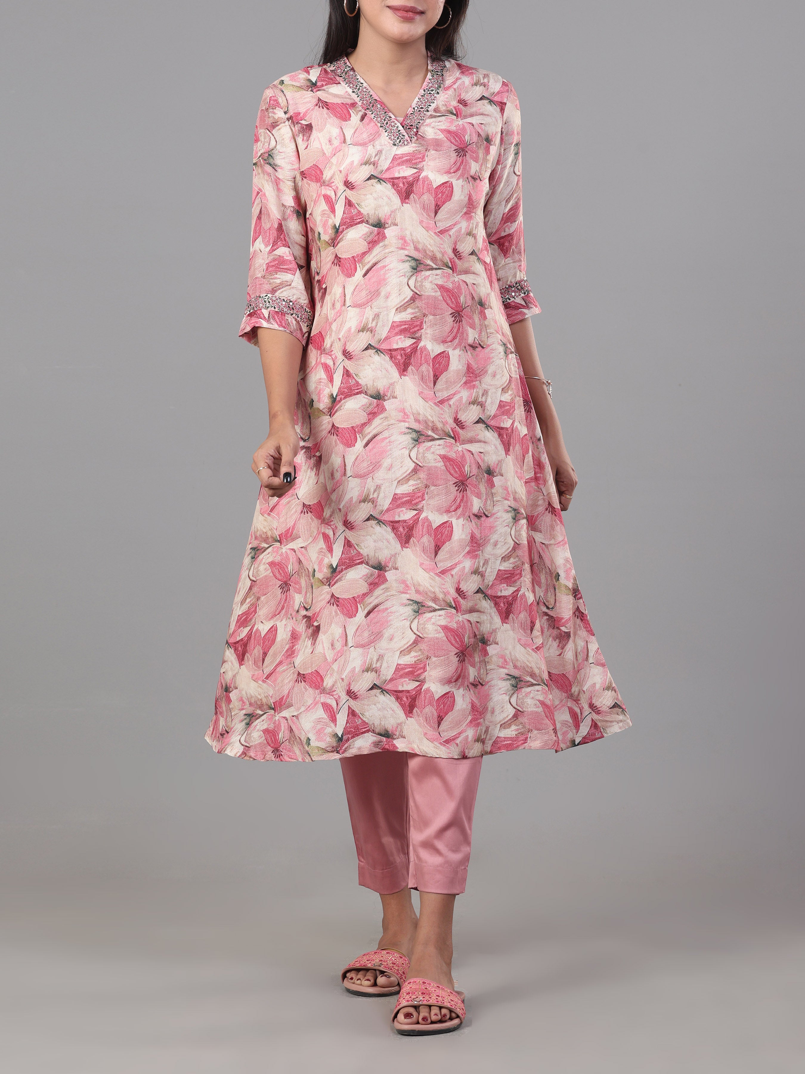 Multi Colour Muslin Printed Kurti With Embroidery And Matching Bottom