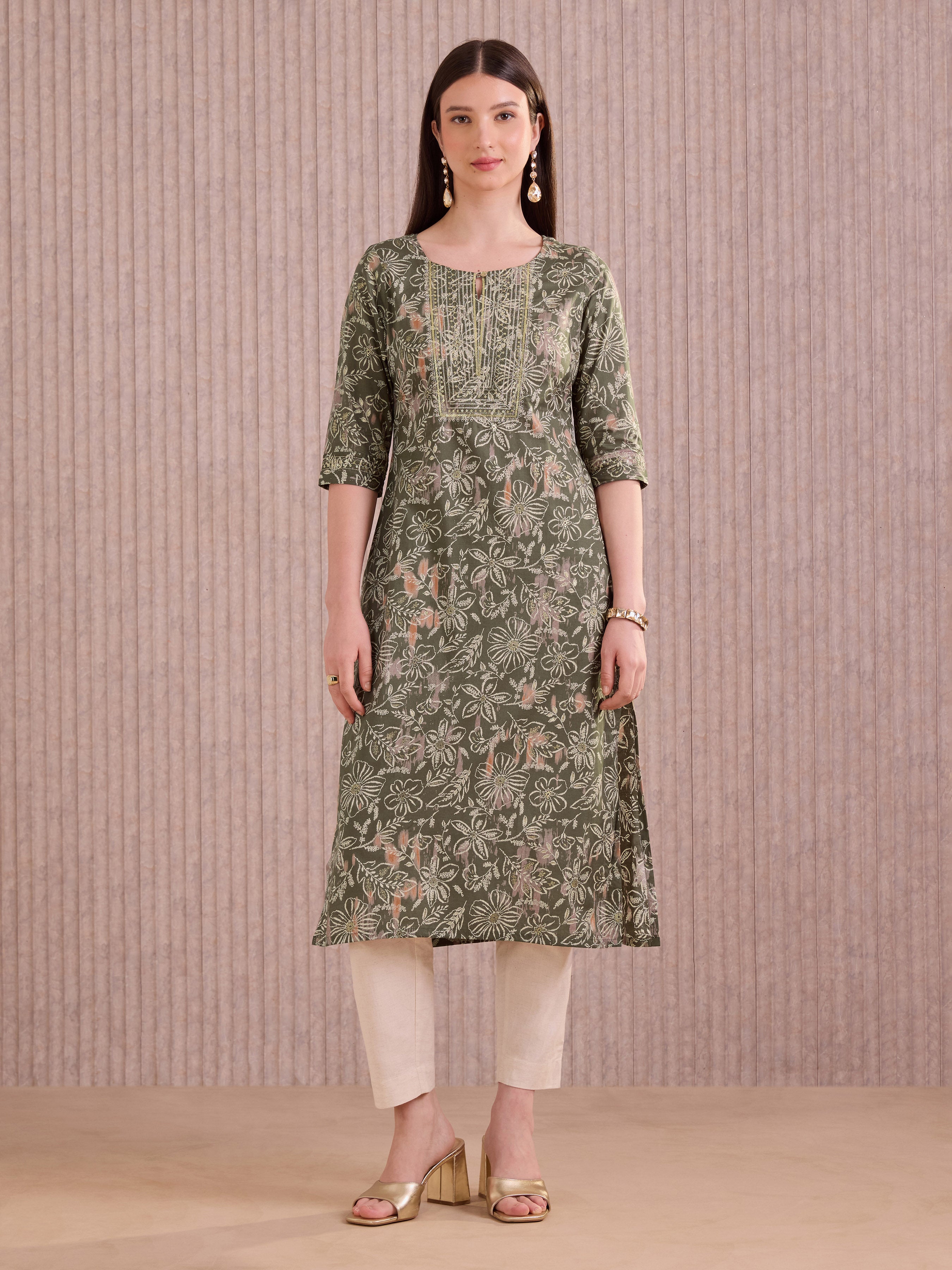 Olive Green Pure Cotton Foil Printed Kurti With Sequins Embroidery
