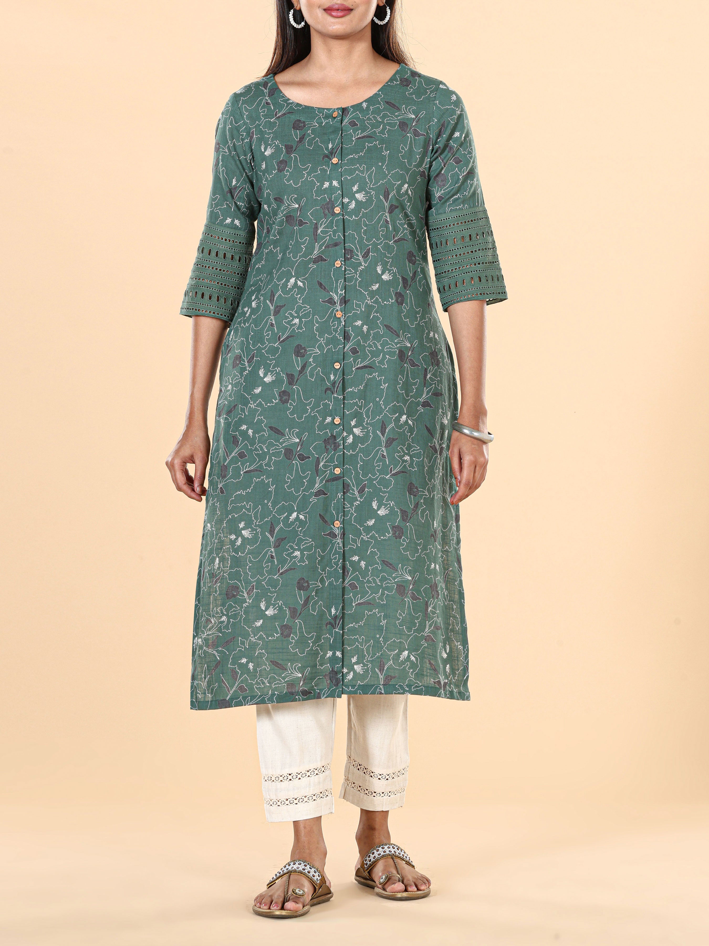 Bottle Green Cotton Slub Printed Kurti With Lace Detailing
